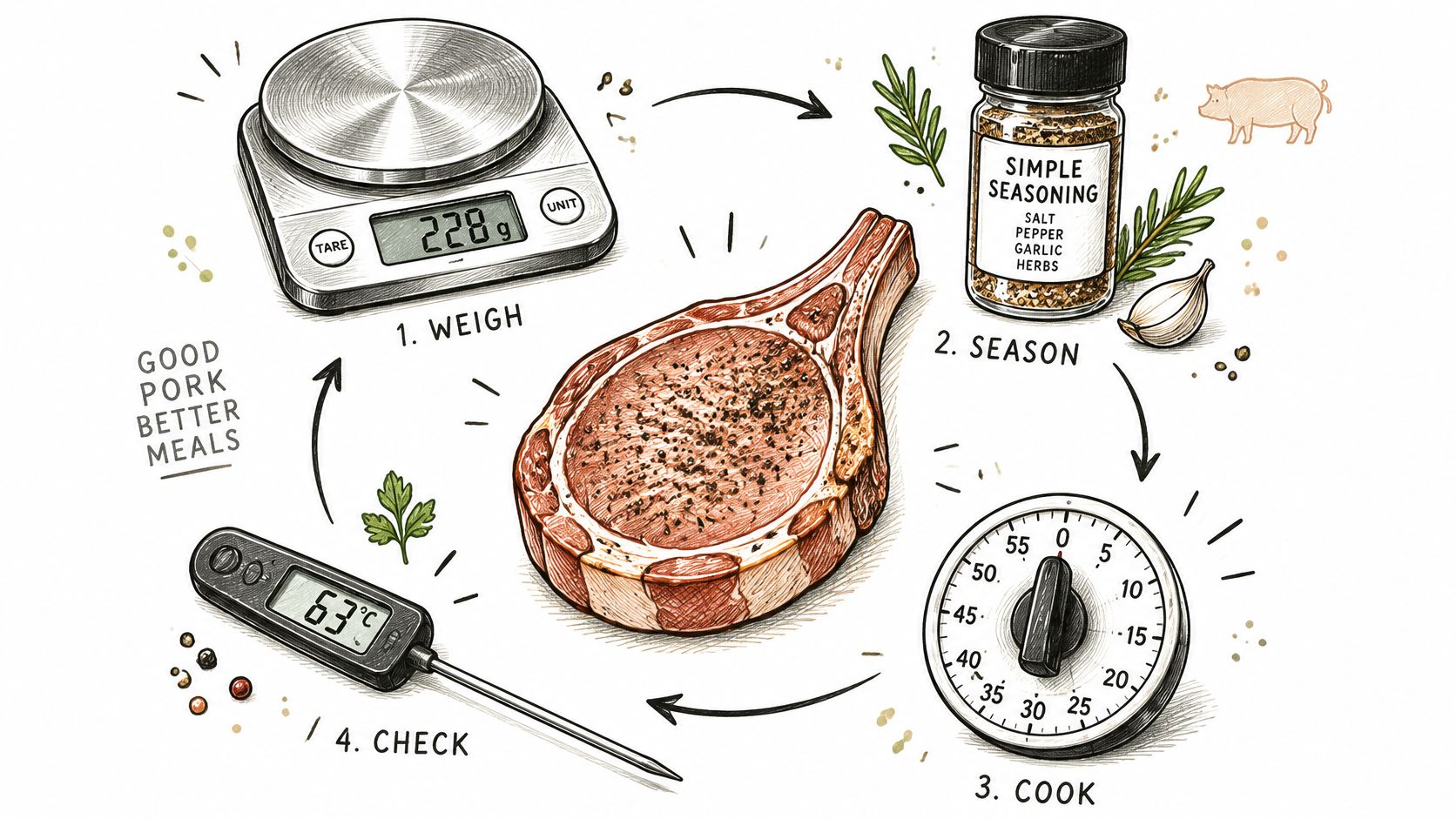 An illustrated guide showing how to weigh, season, cook, and check the temperature of a pork chop.