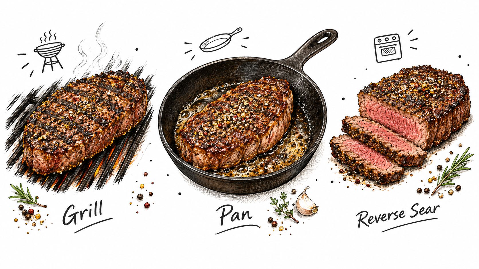 A culinary illustration comparing three steak cooking methods: grilling, pan-searing, and the reverse sear technique.