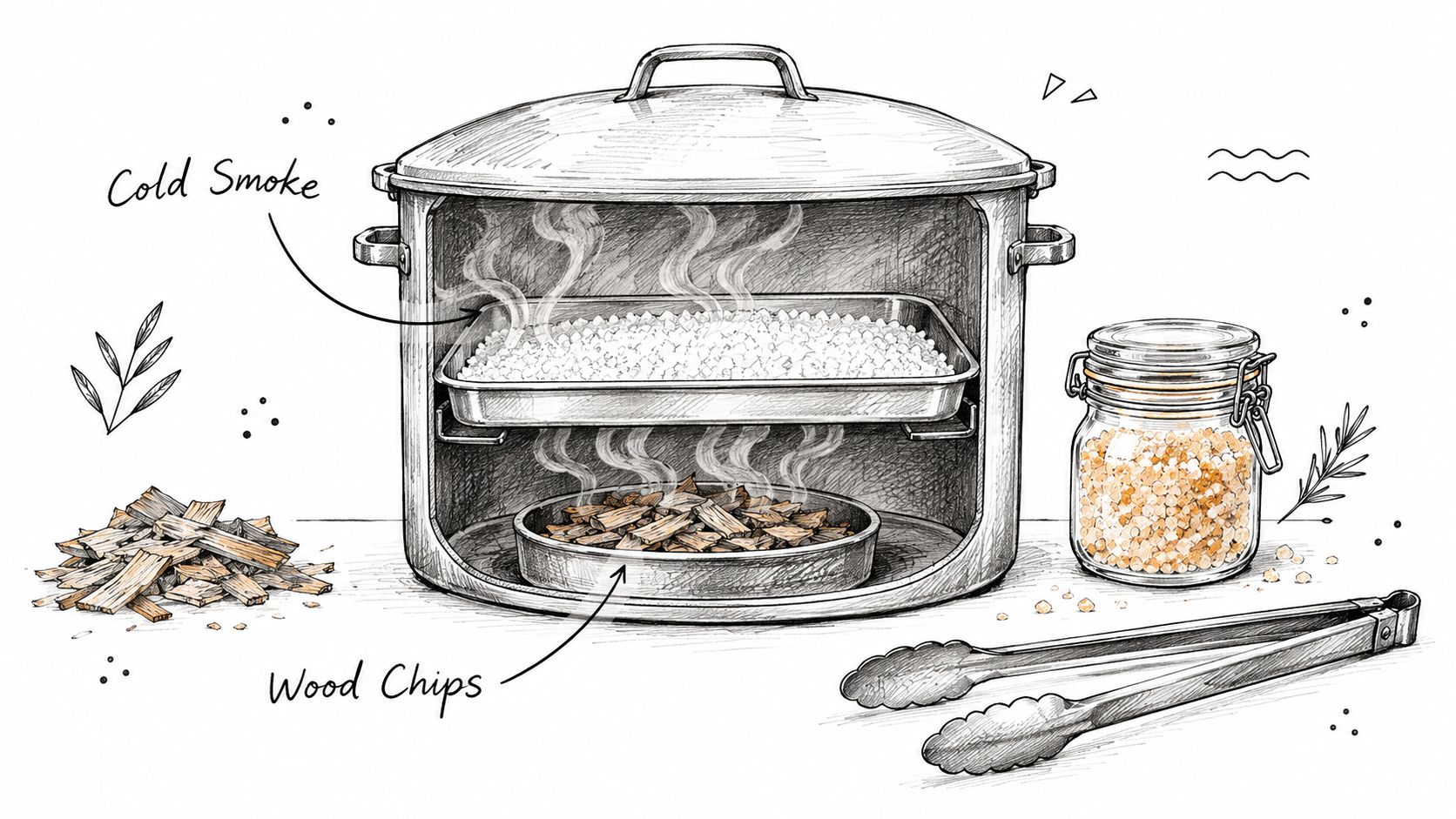 A hand-drawn illustration showing a kitchen smoking pot with wood chips and salt for cold smoking.