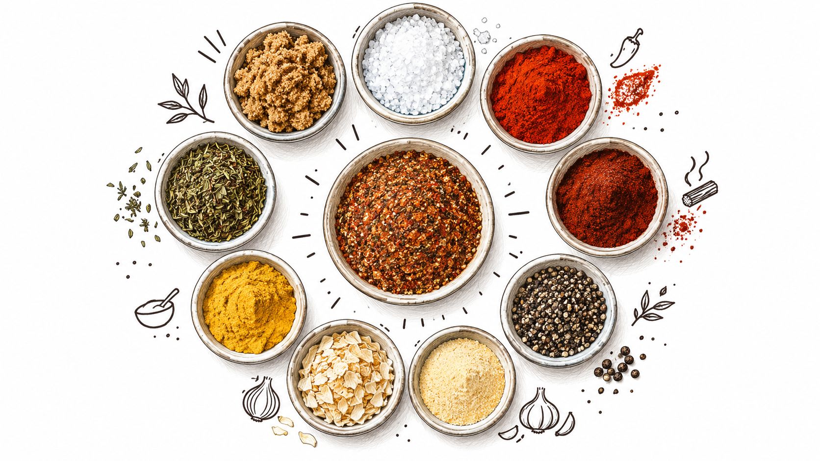 An artistic arrangement of various spices and herbs in small bowls, perfect for barbecue seasoning blends.