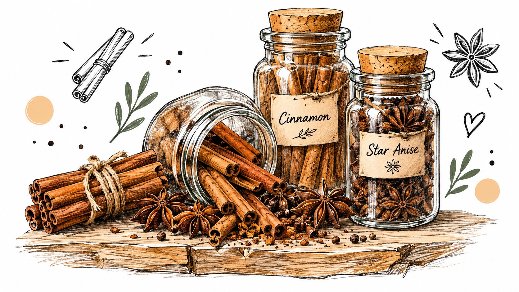 A hand-drawn illustration of cinnamon sticks and star anise in glass jars on a wooden surface.