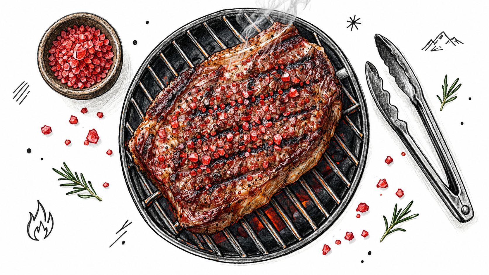 A grilled steak topped with red sea salts on a grill grate with tongs and herbs.