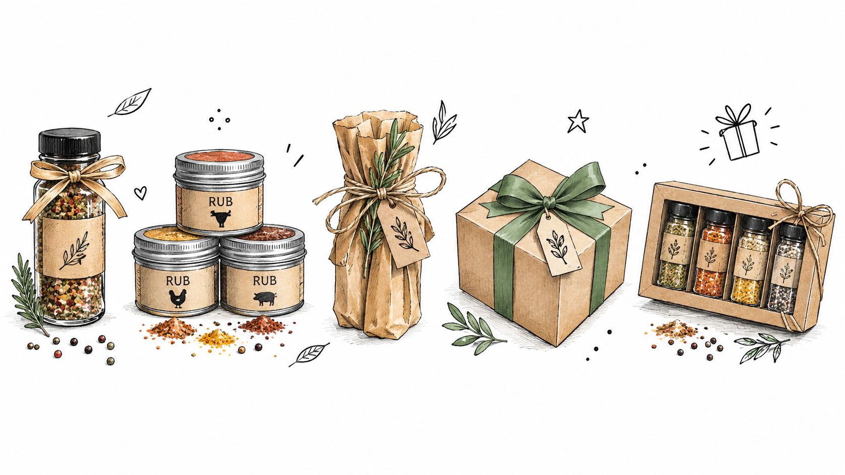 An illustration of assorted spice jars, meat rubs, and gift-wrapped spice sets for barbecue lovers