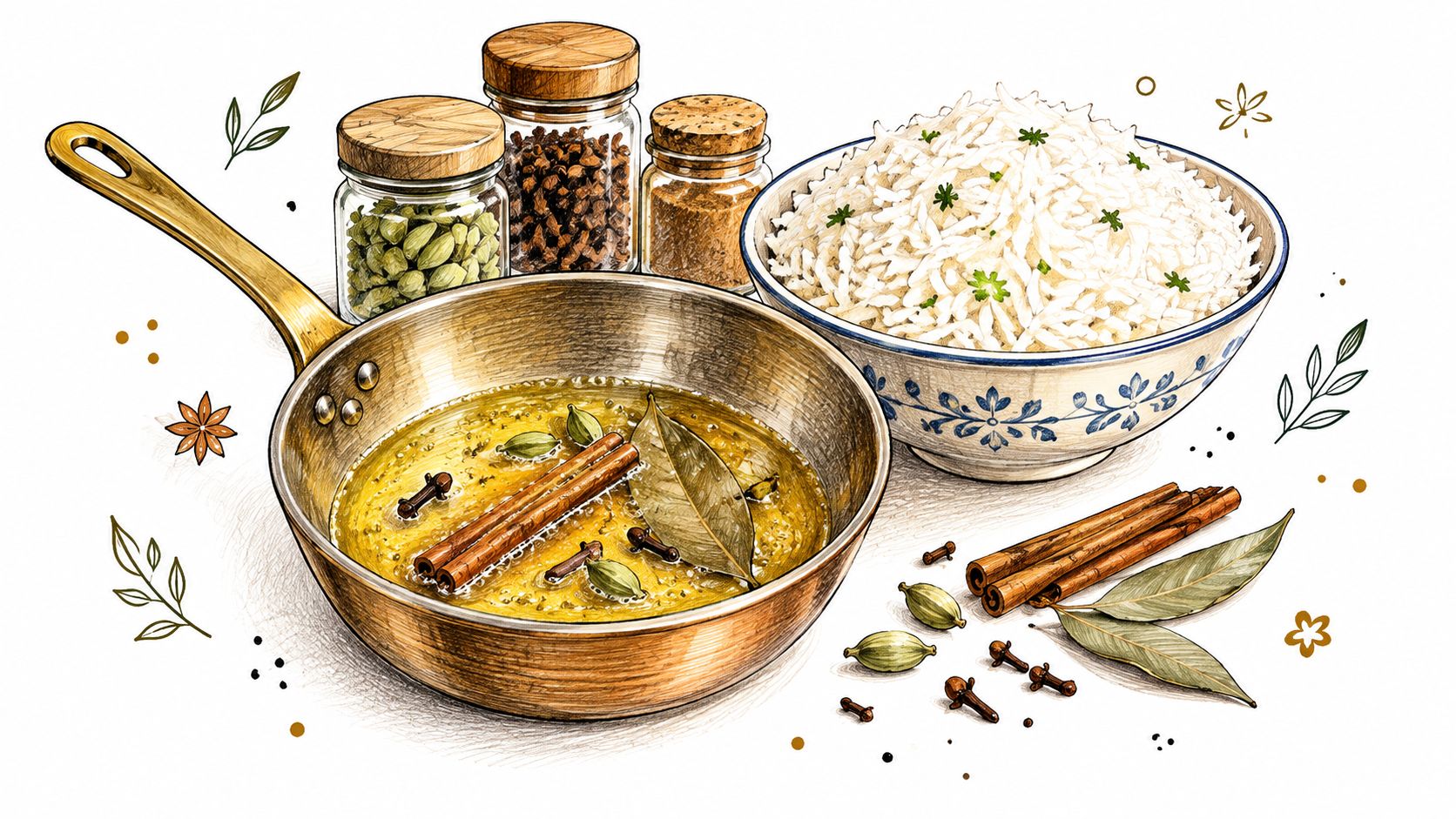 A cooking illustration showing a brass pan with hot oil and spices next to a bowl of rice.