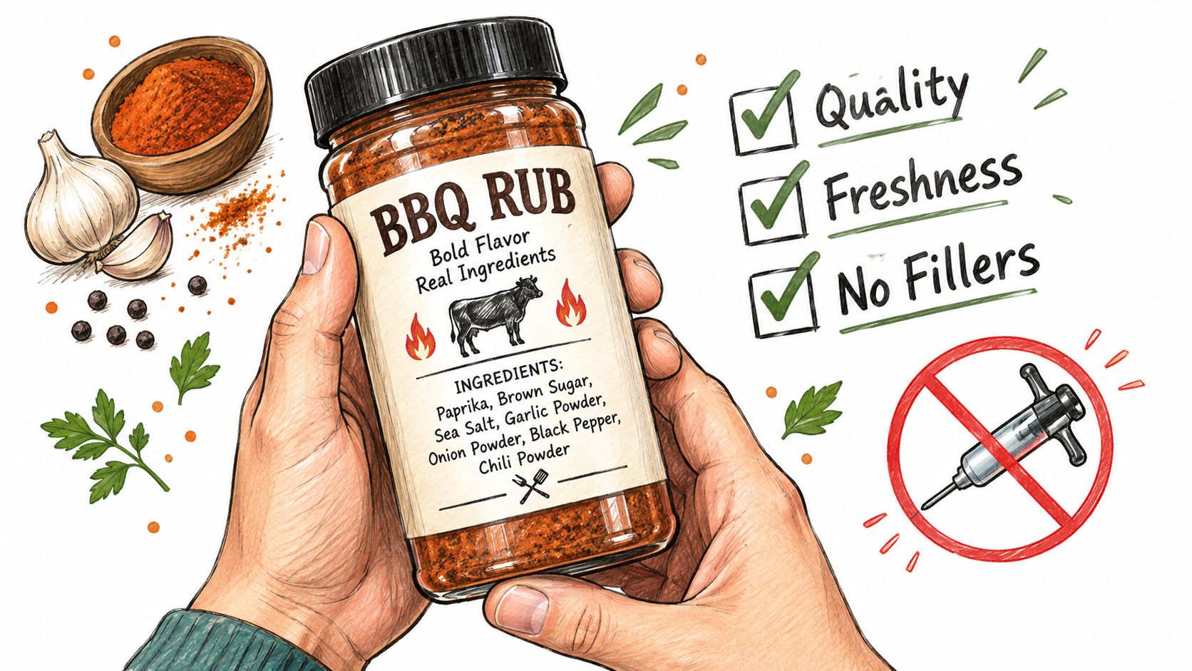A hand-drawn illustration showing hands holding a jar of BBQ rub surrounded by spices and ingredients.