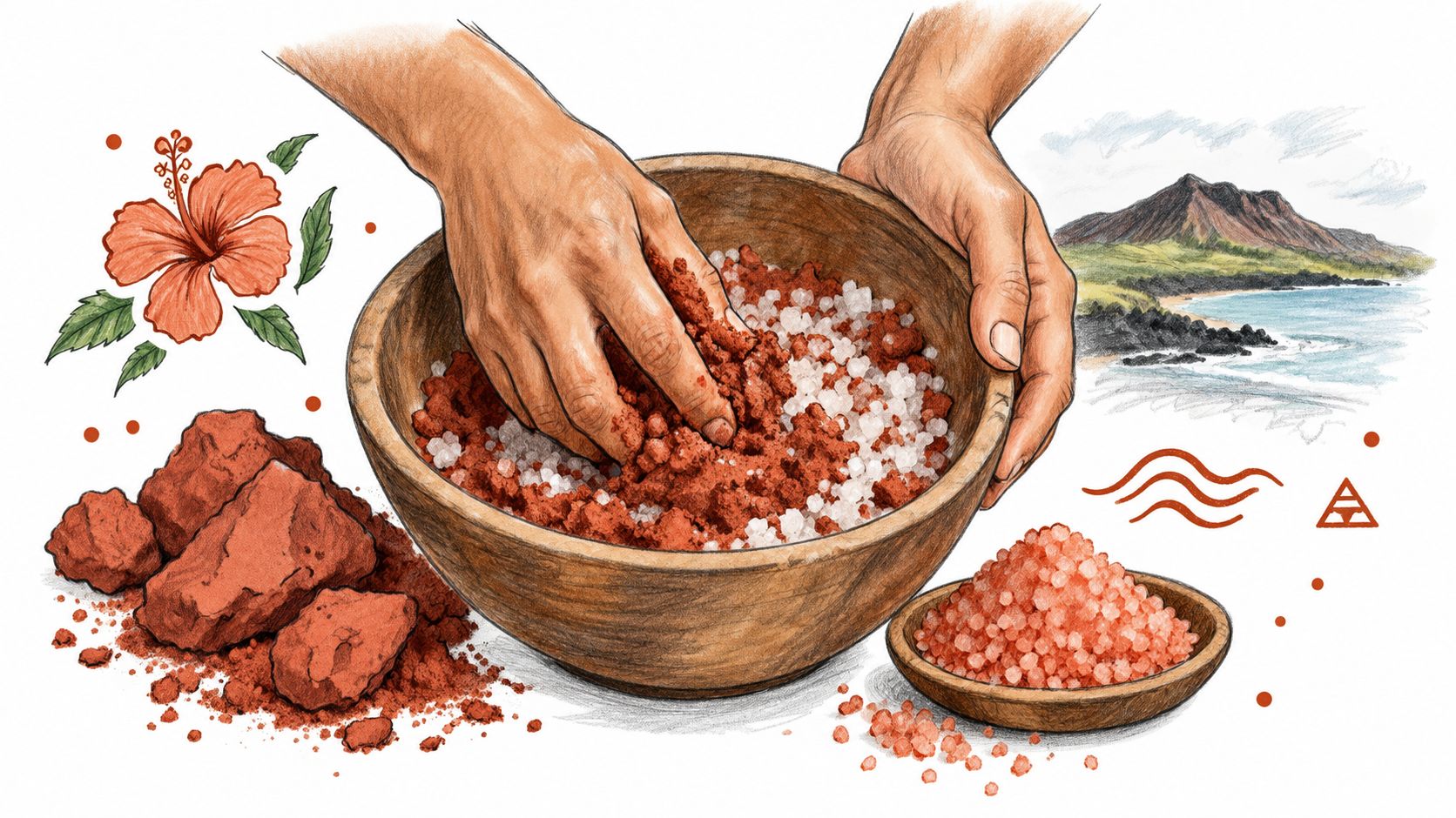 Hands mixing red clay and white sea salts in a wooden bowl with Hawaiian landscape imagery.