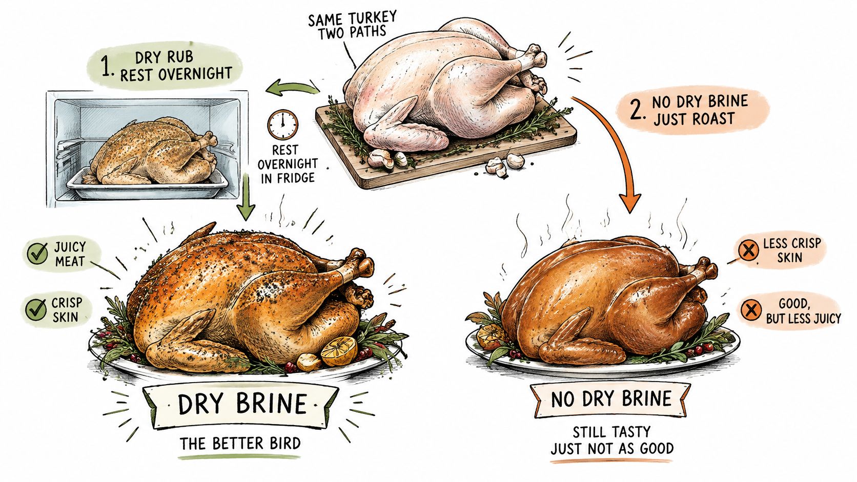An illustrated infographic comparing the results of dry brining a turkey versus roasting without brining.