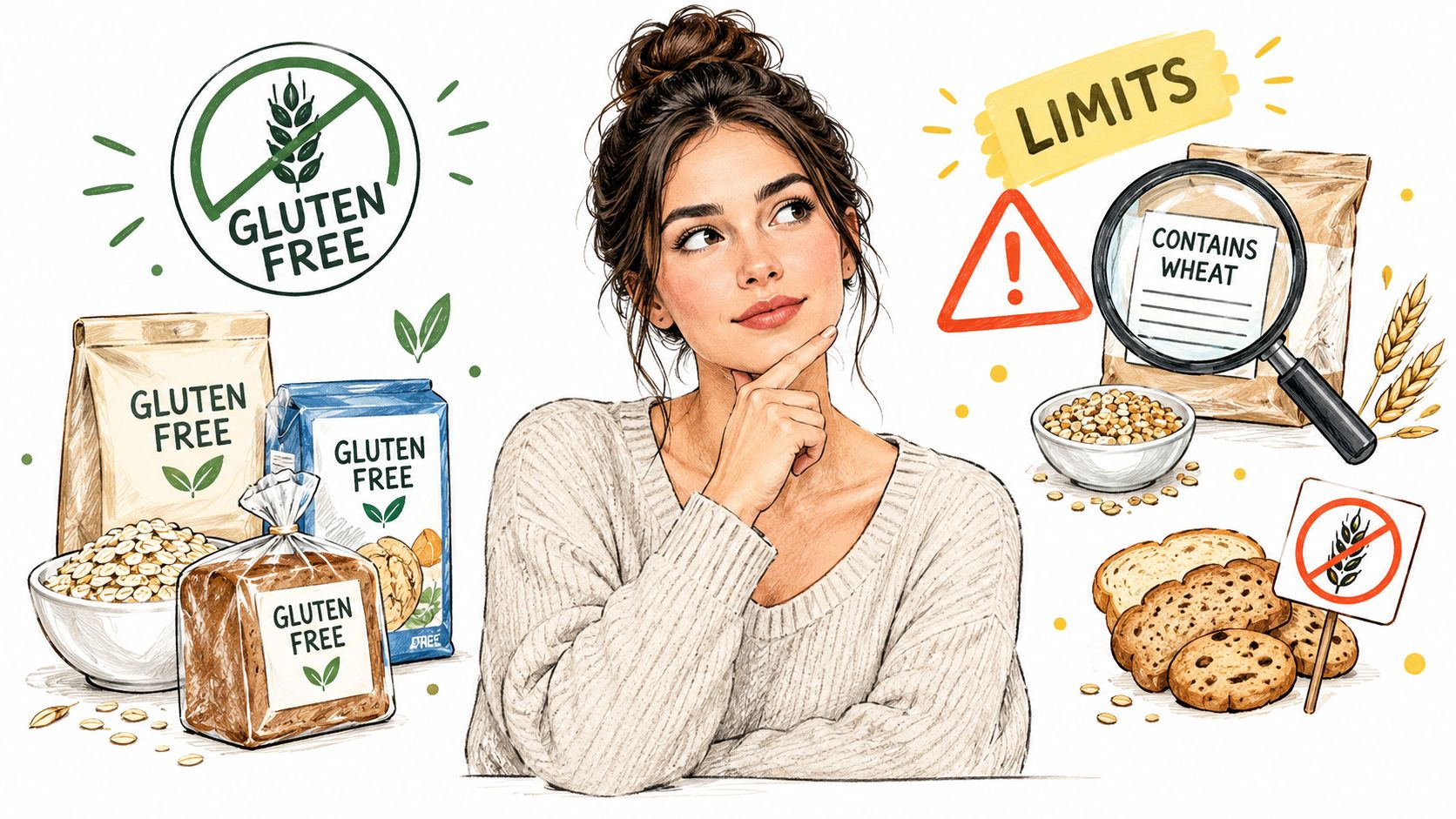 A thoughtful woman choosing between gluten-free food products and items containing wheat, symbolizing a restricted diet.