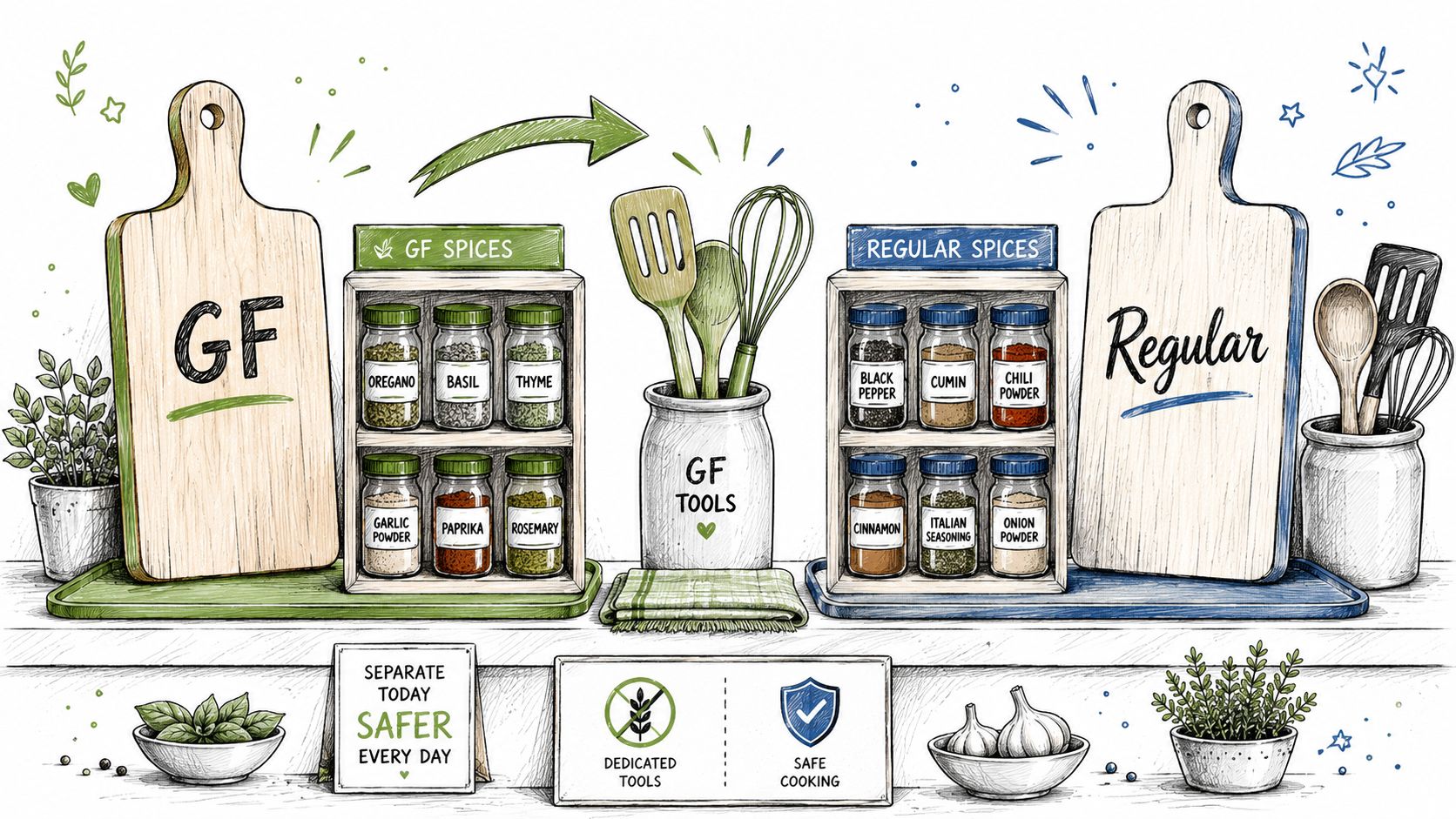 A hand-drawn illustration showing organized gluten-free and regular kitchen spice racks and cooking tools on countertops.