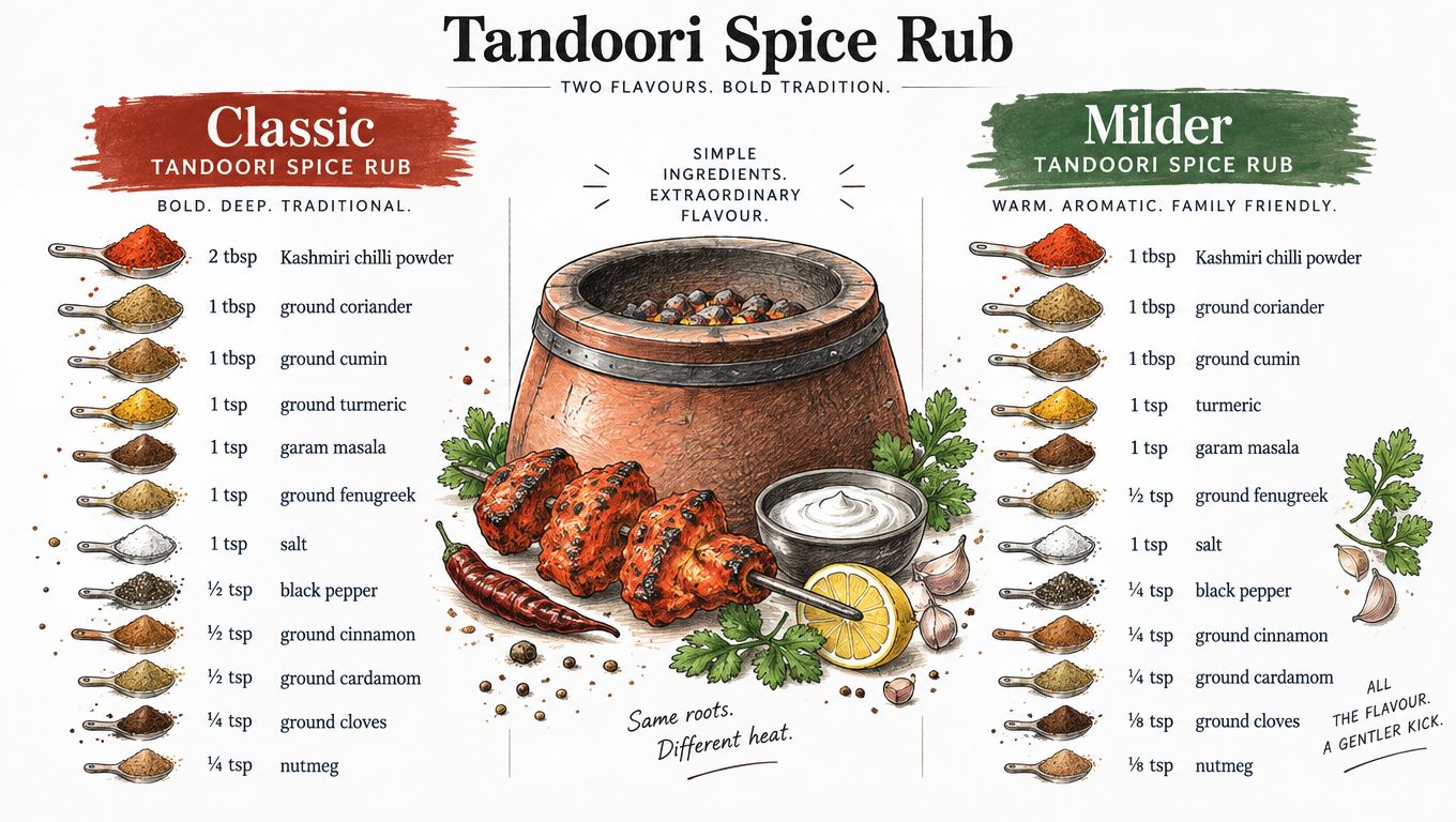 A visual guide comparing ingredients for classic and milder Tandoori spice rubs with illustrated spices and tandoor.