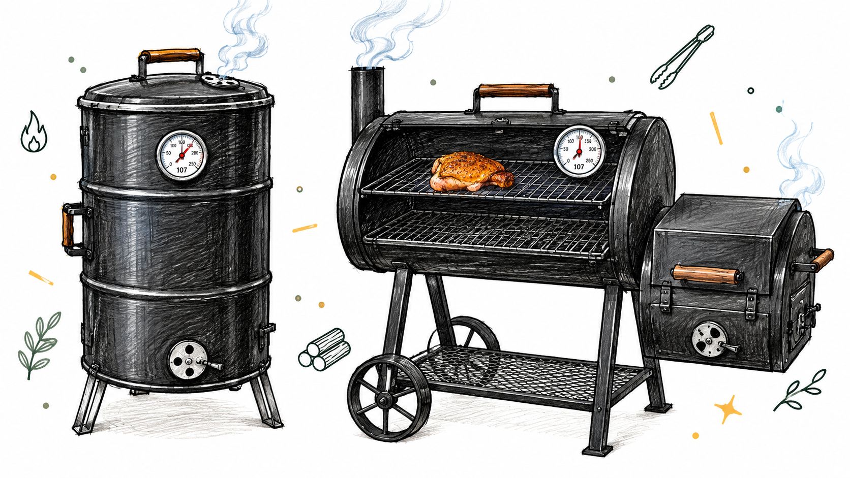 A hand-drawn illustration featuring a vertical drum smoker and a traditional offset barrel-style BBQ smoker.
