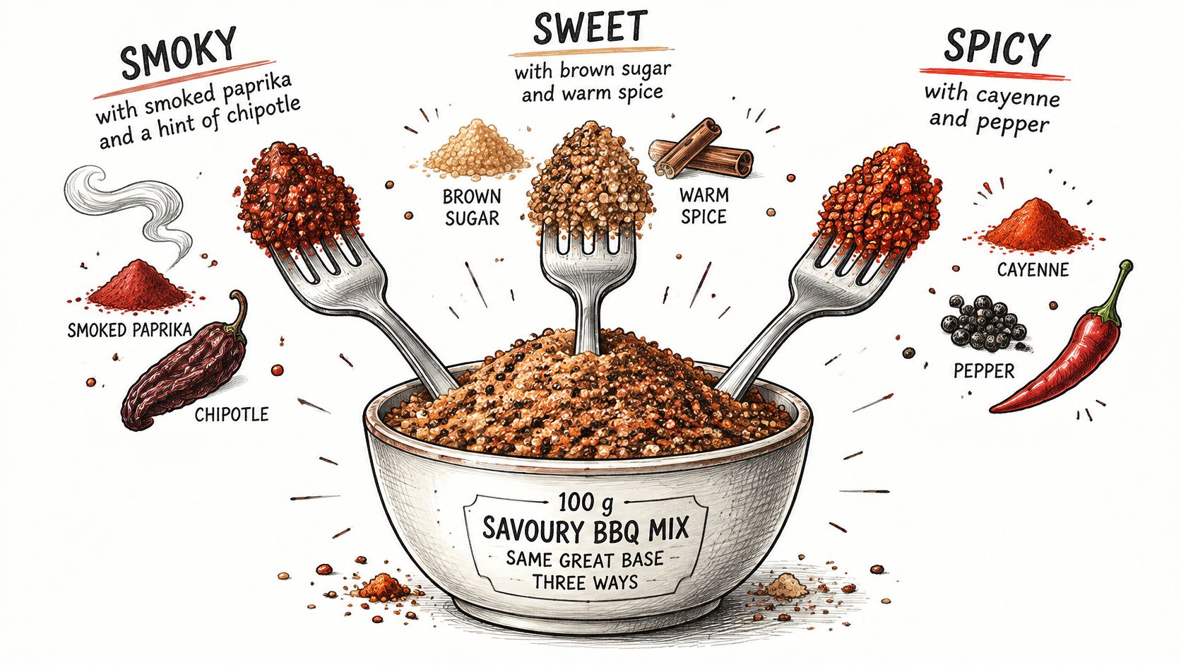 An illustration showing three variations of a savory BBQ spice mix with smoky, sweet, and spicy ingredients.