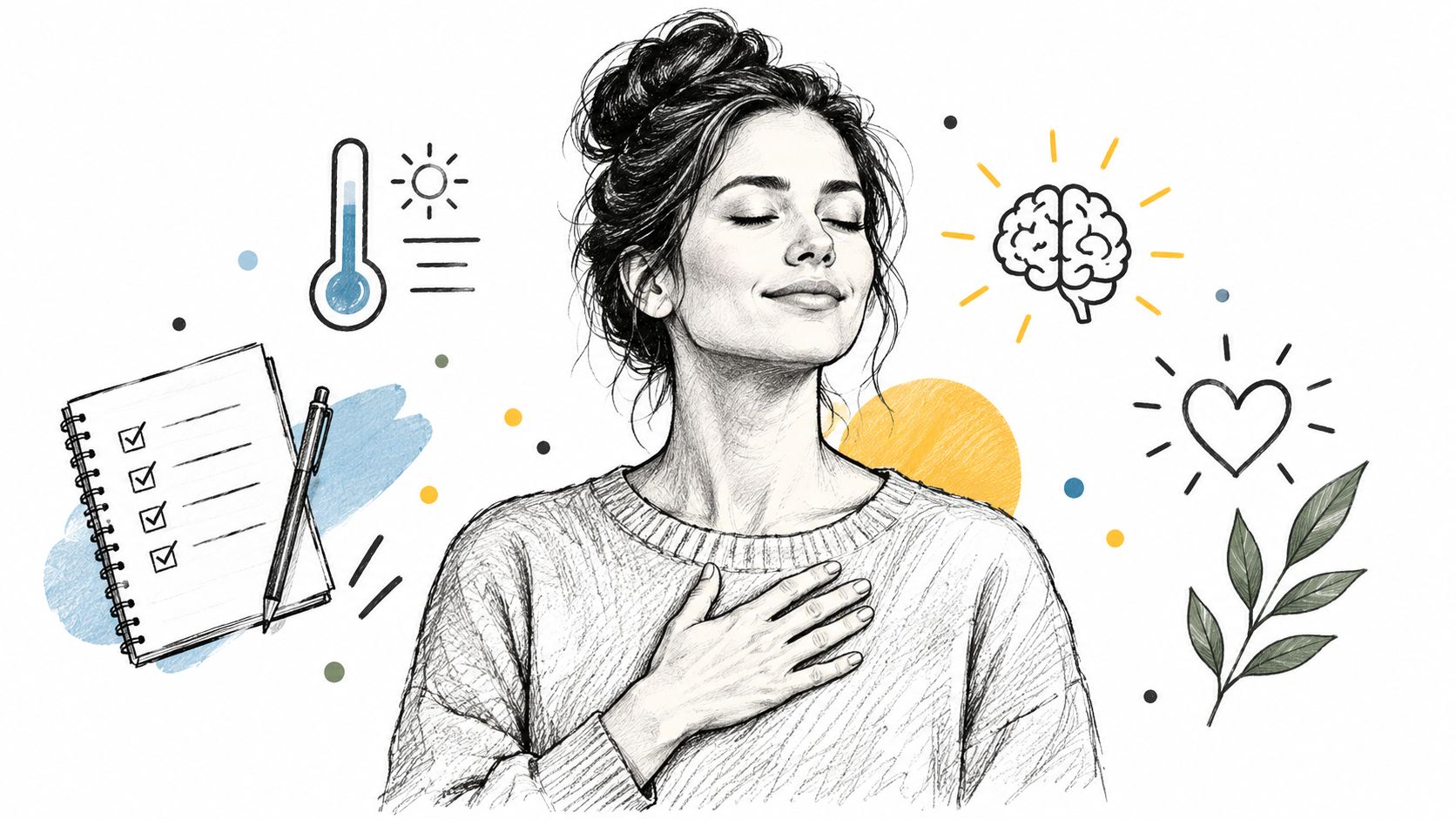 A line art illustration of a calm woman holding her hand to her chest, surrounded by wellness symbols.