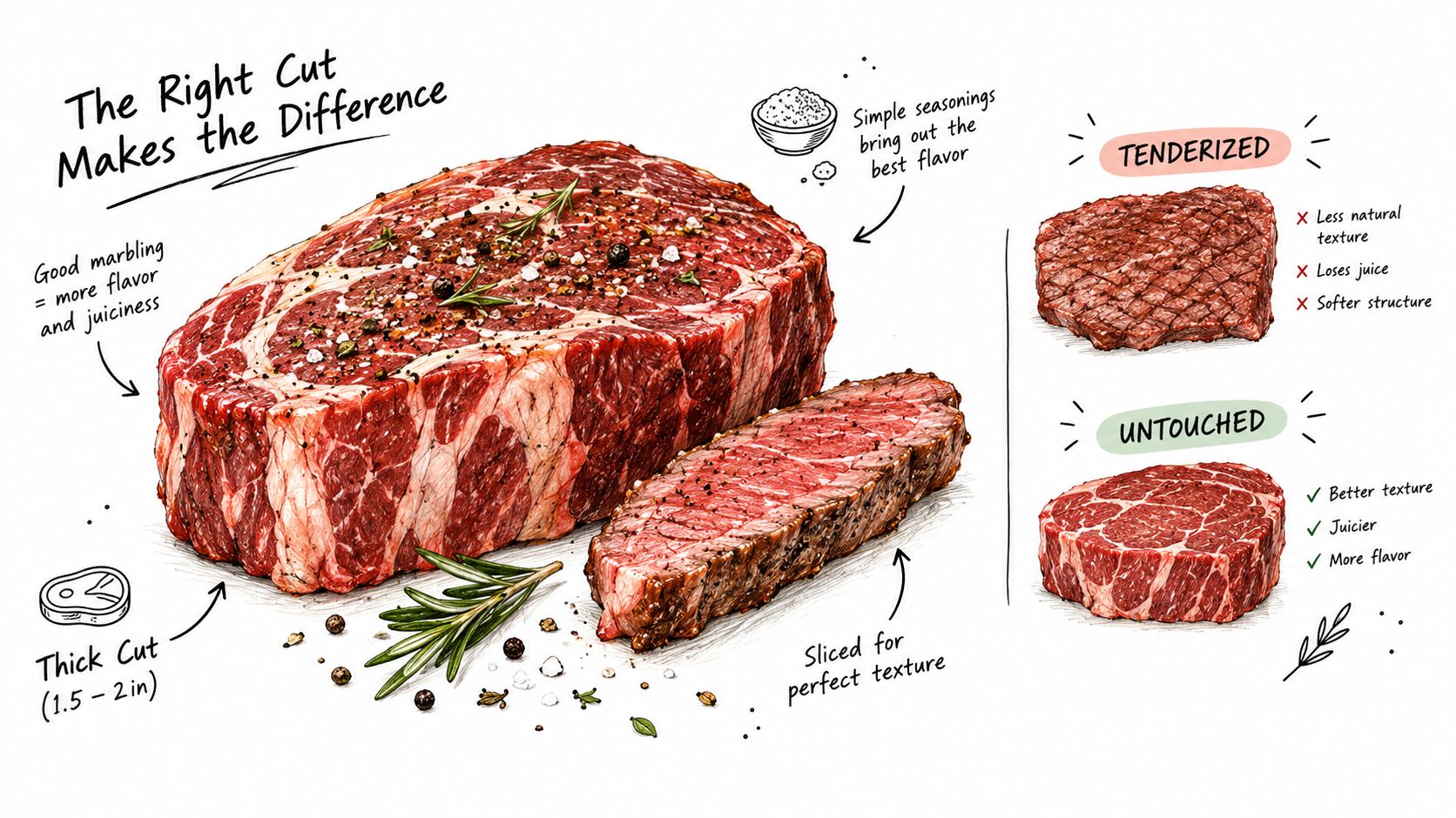 An educational illustration explaining steak cuts, seasoning, and the benefits of keeping meat tenderized or untouched.