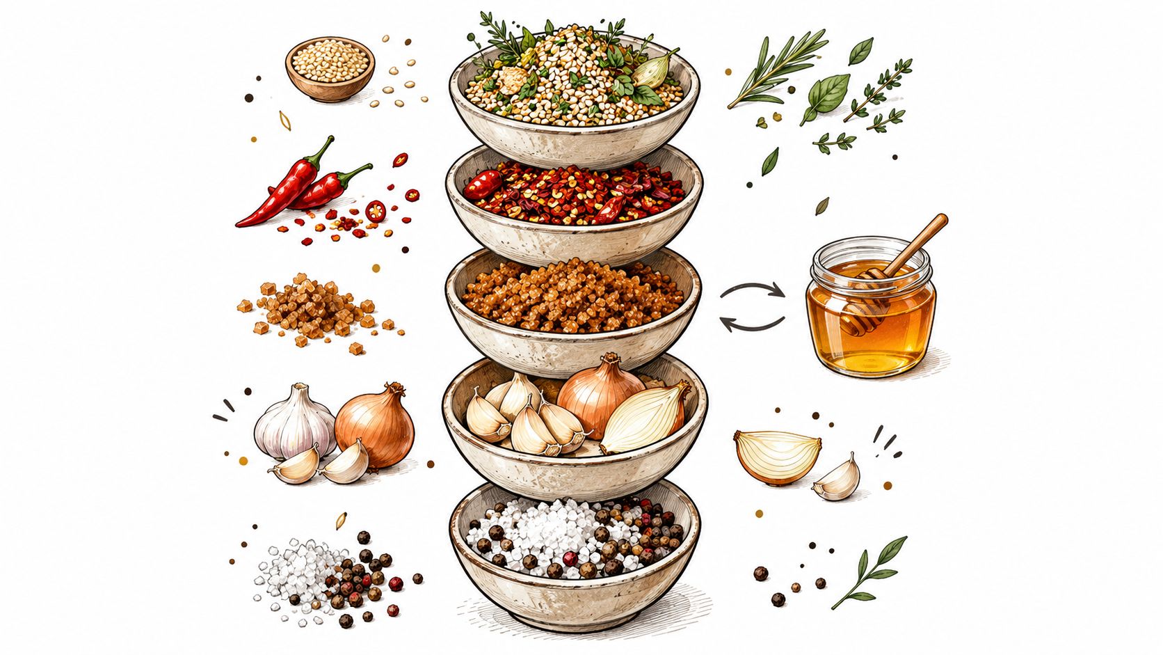 A vertical stack of bowls containing grains, chili flakes, roasted nuts, onions, garlic, and assorted spices.
