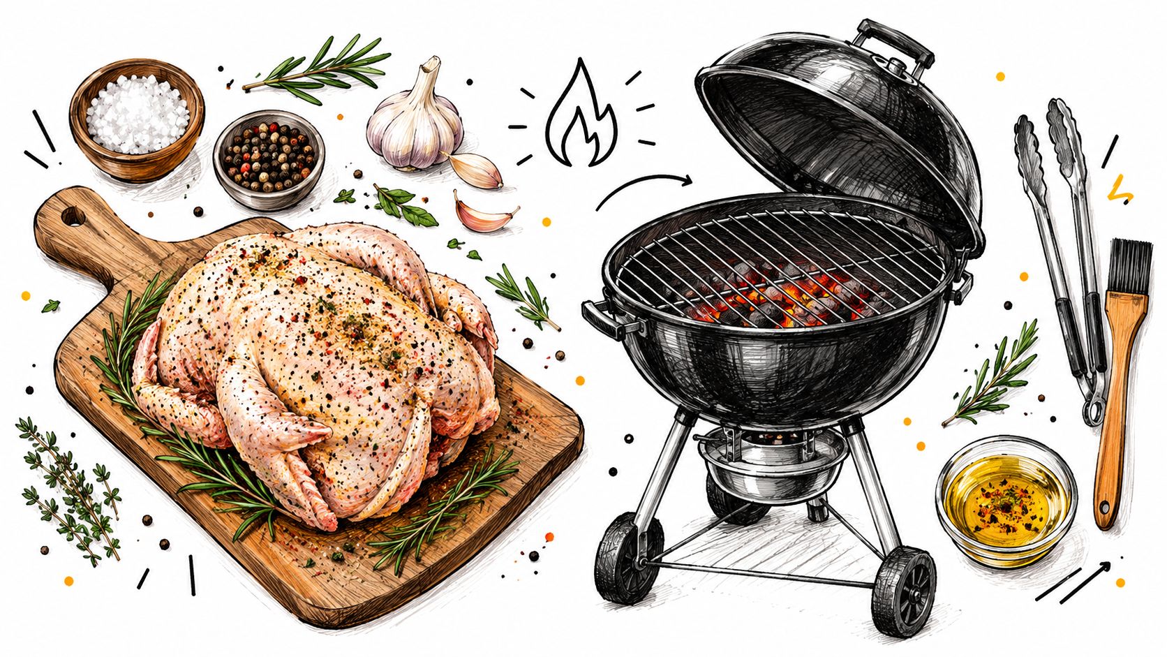 A hand-drawn illustration showing a raw whole chicken on a cutting board, spices, and a charcoal grill.