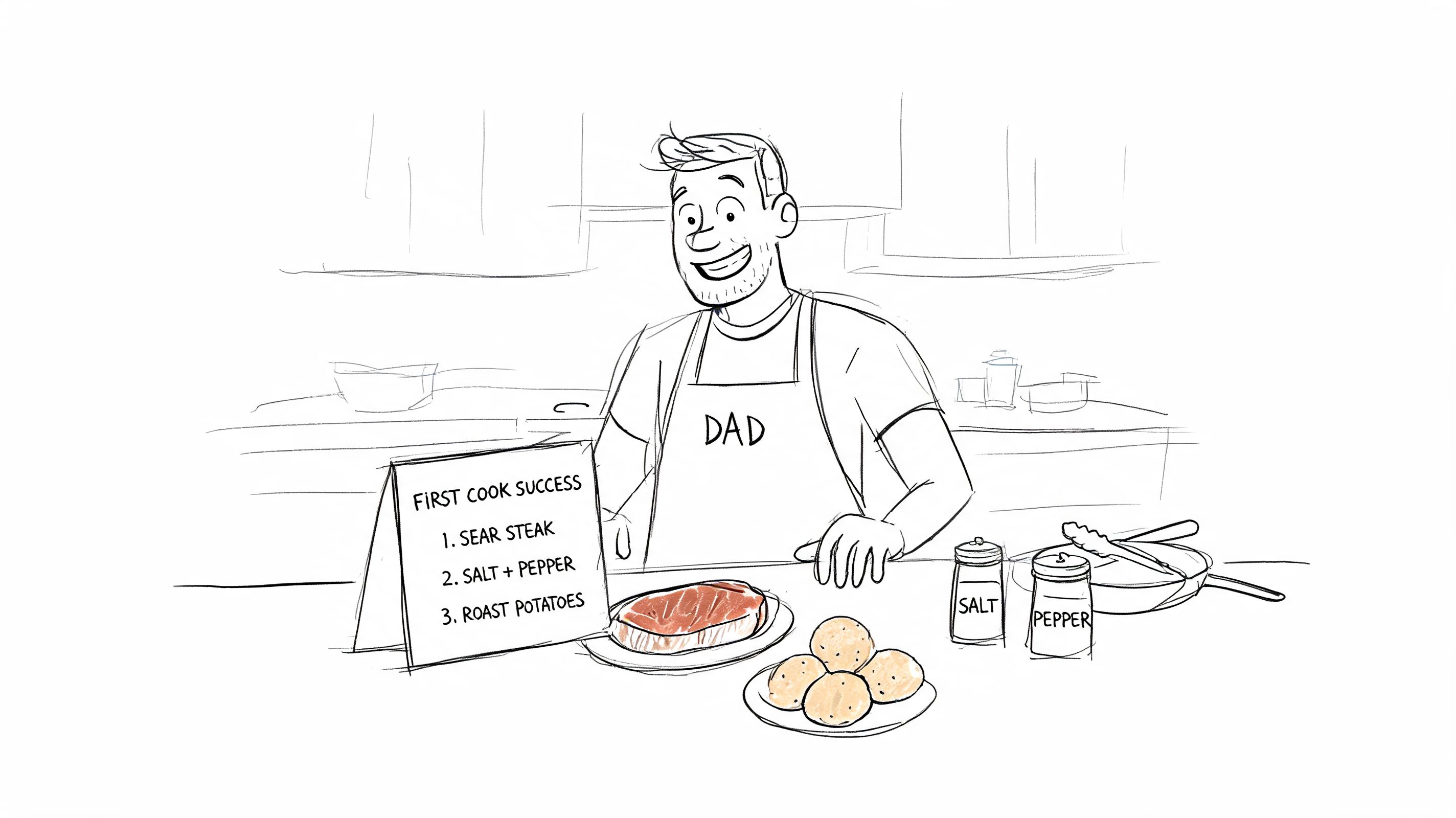 A line drawing of a dad wearing an apron, preparing a meal with steak and potatoes.