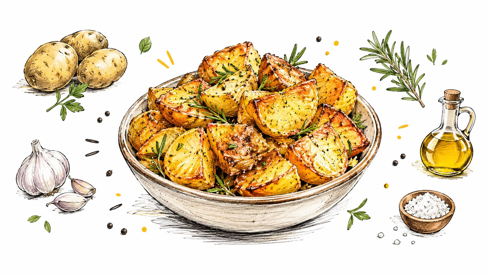A hand-drawn illustration of golden roast potato wedges in a bowl with garlic, olive oil, and herbs.