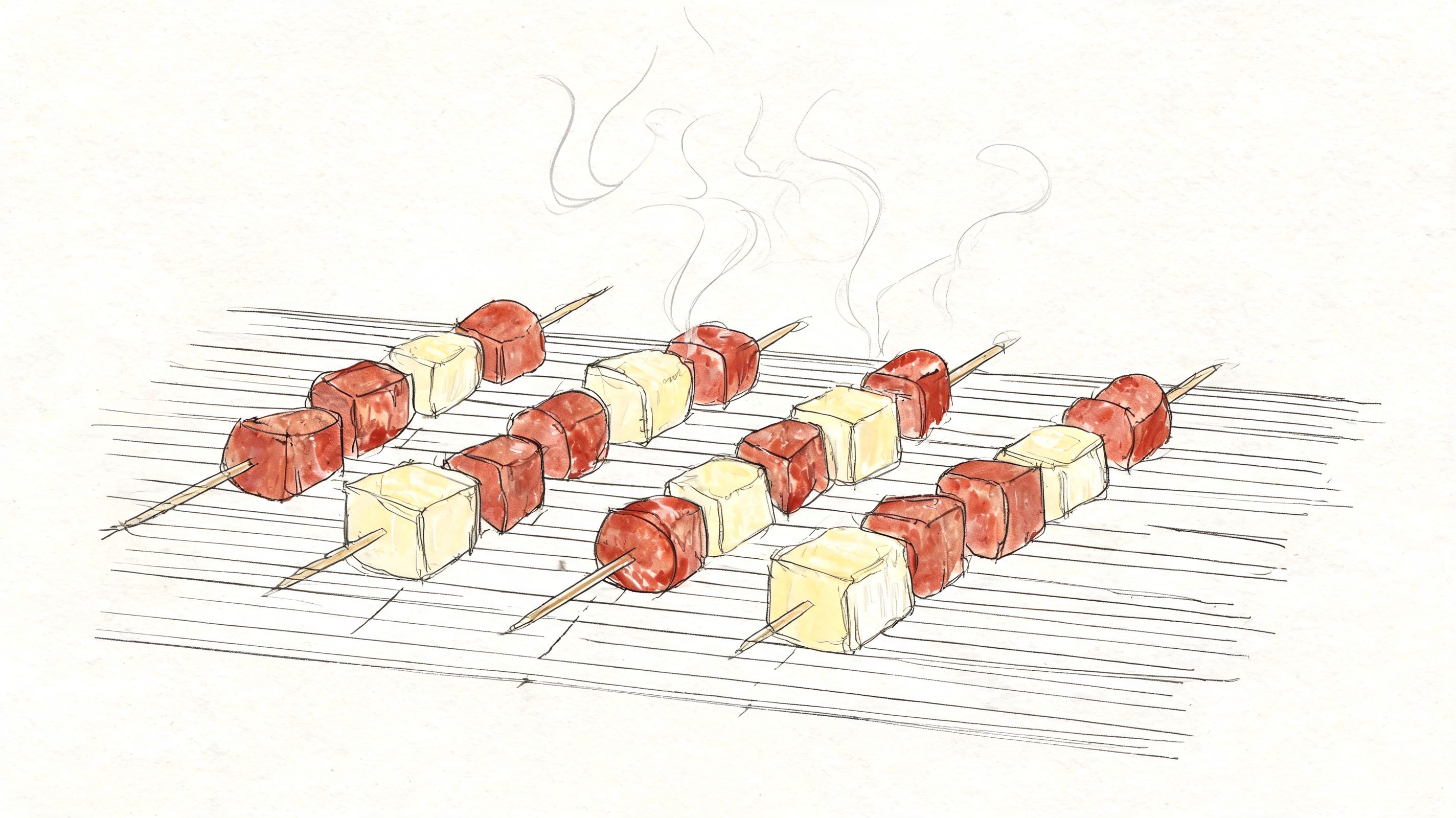 Three skewers of grilled chorizo and halloumi cheese cooking on a charcoal barbecue grill