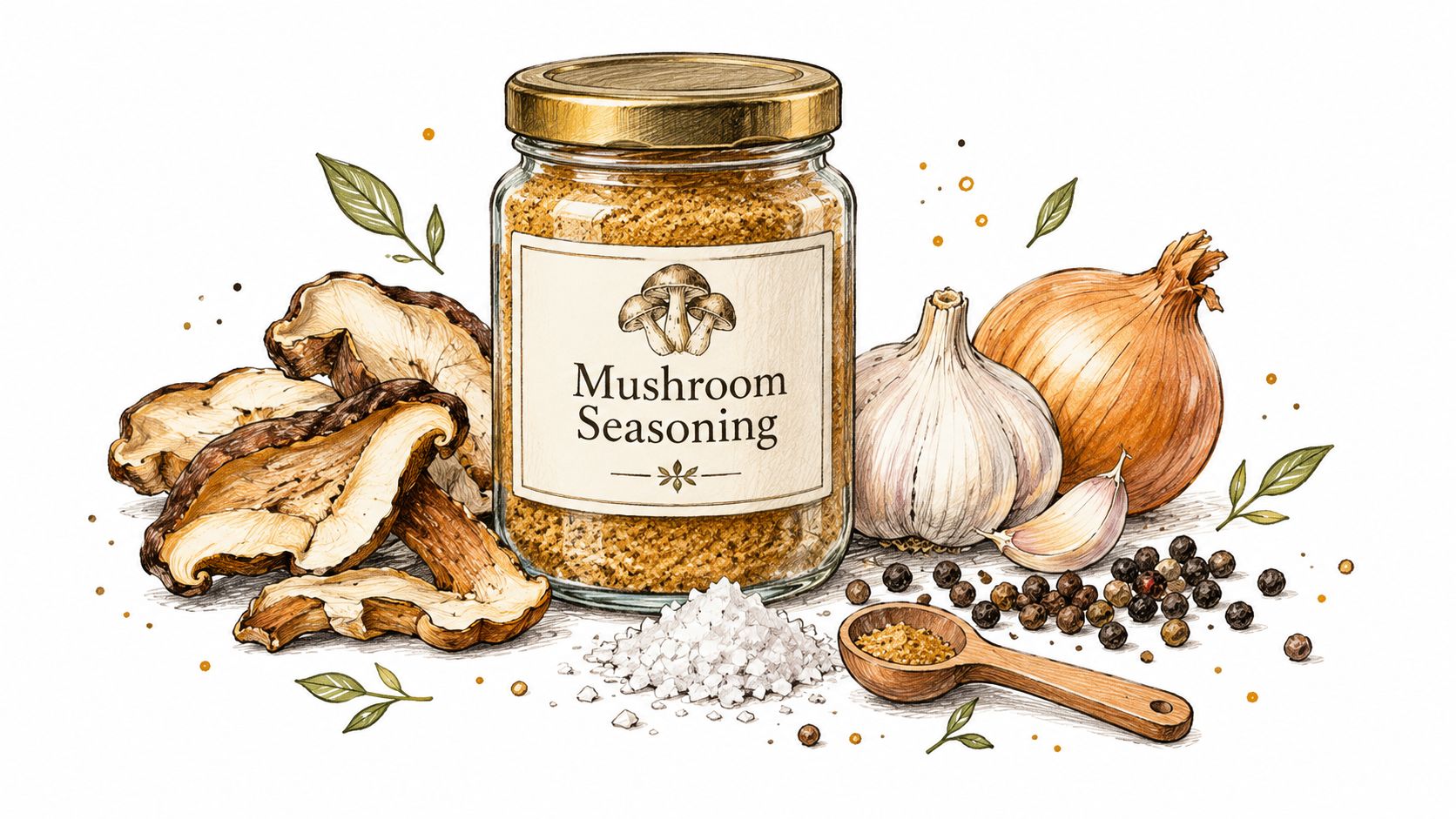 A glass jar of mushroom seasoning surrounded by dried mushrooms, garlic, onion, peppercorns, and sea salt.