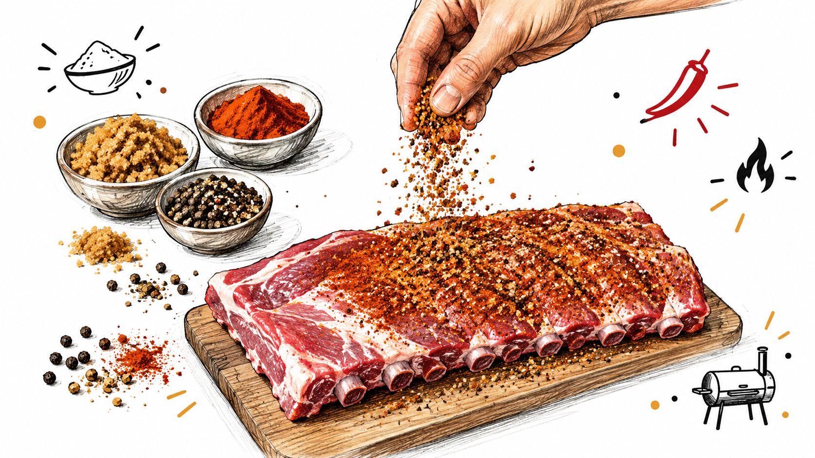 A hand seasoning a fresh rack of pork ribs on a wooden cutting board with various spices.