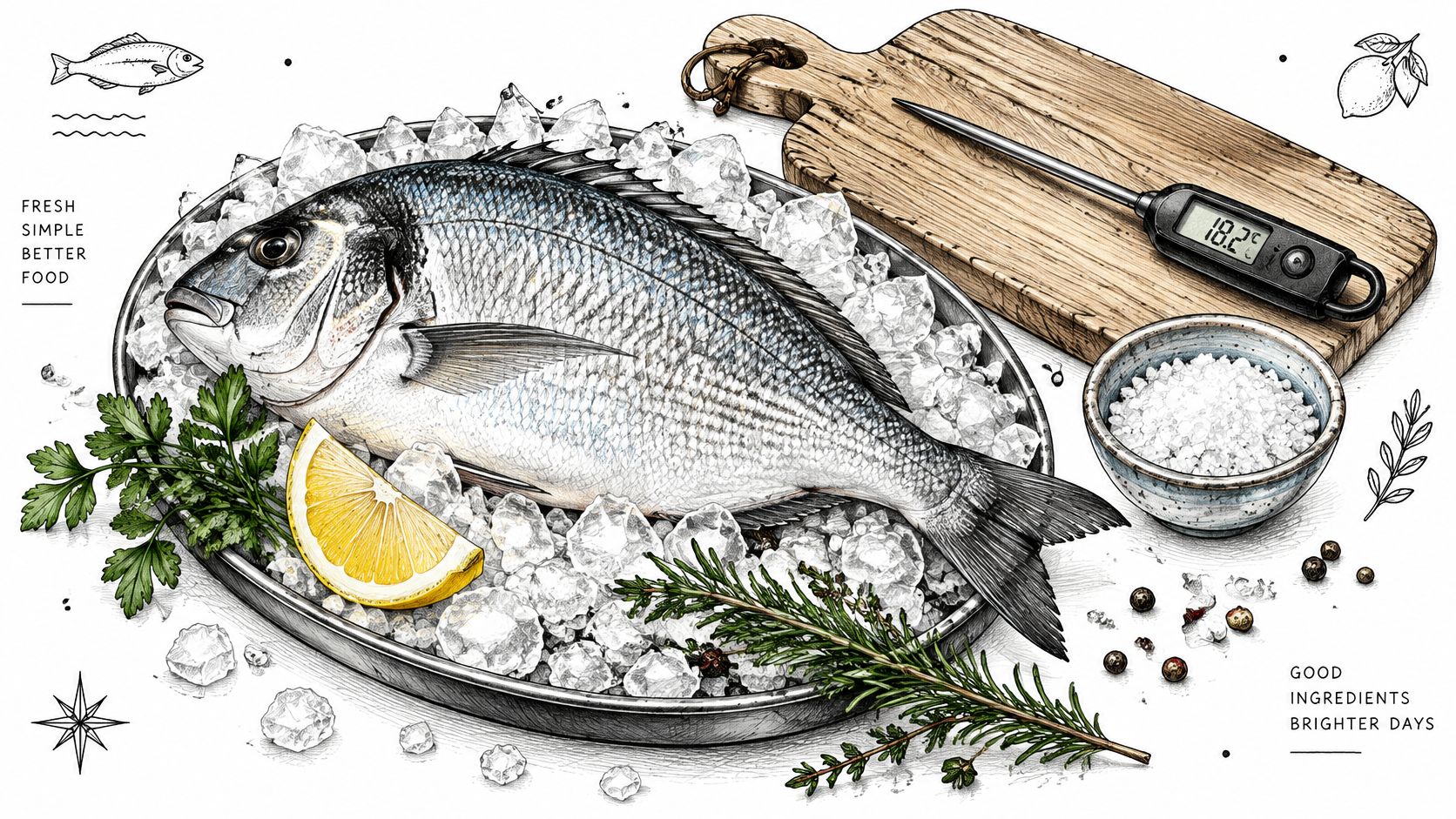 A fresh whole fish on a bed of ice served with lemon, herbs, and a kitchen thermometer.