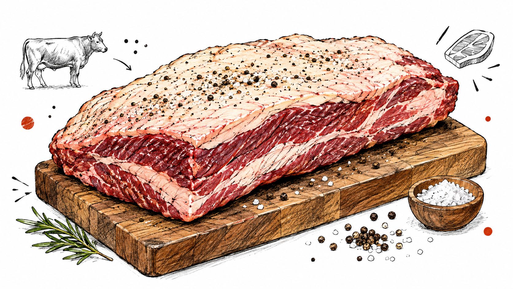 A detailed illustration of a raw beef brisket on a wooden cutting board with spices and rosemary.