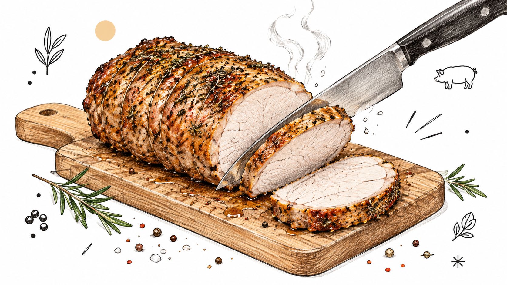 A hand-drawn illustration of a roasted pork loin being sliced on a wooden cutting board with rosemary.