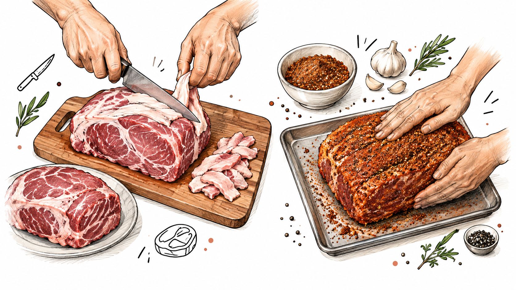 An illustration showing the process of trimming and seasoning a large cut of raw meat.