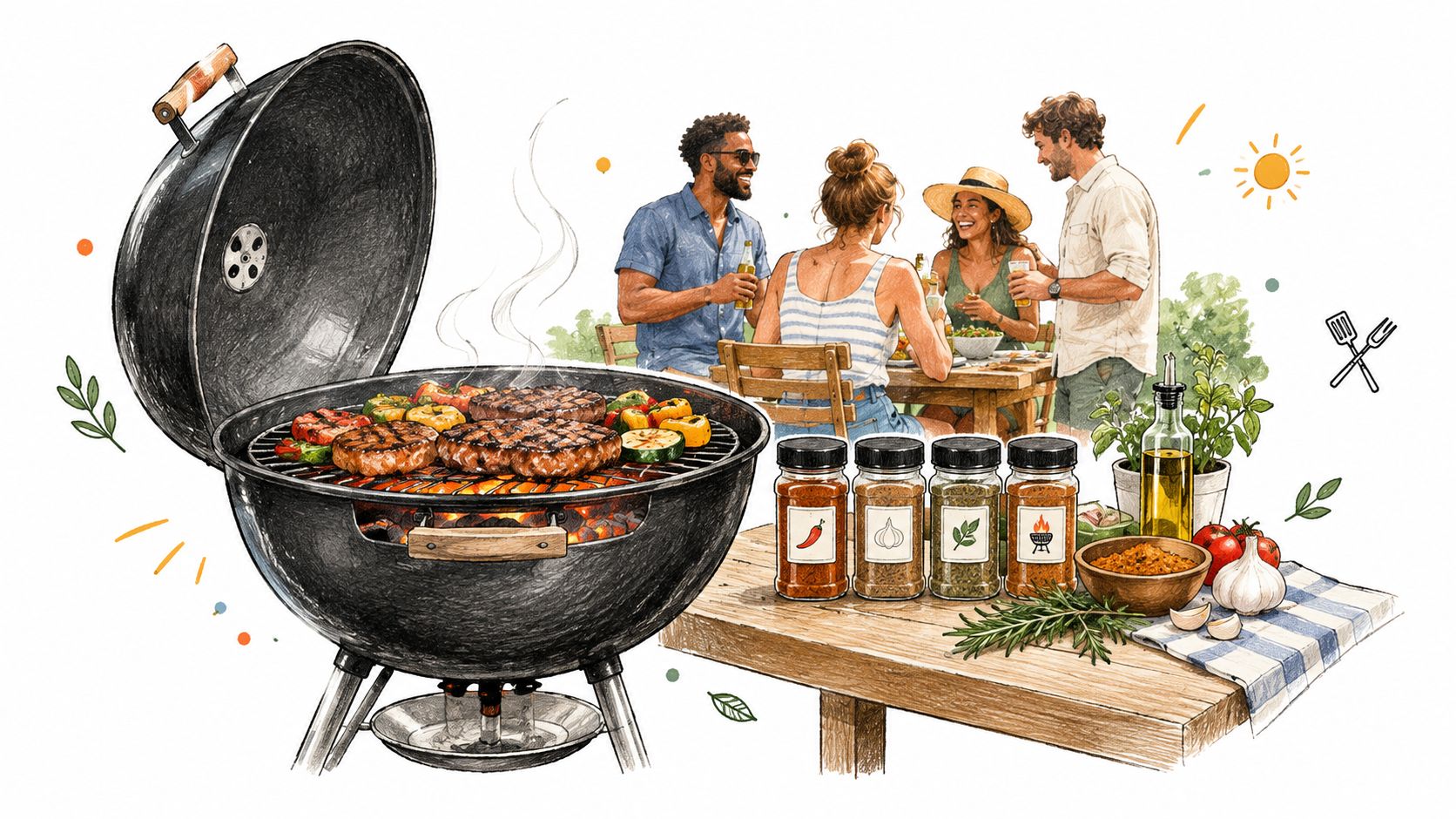 A group of friends enjoys an outdoor barbecue meal with grilled food and spices on a table.