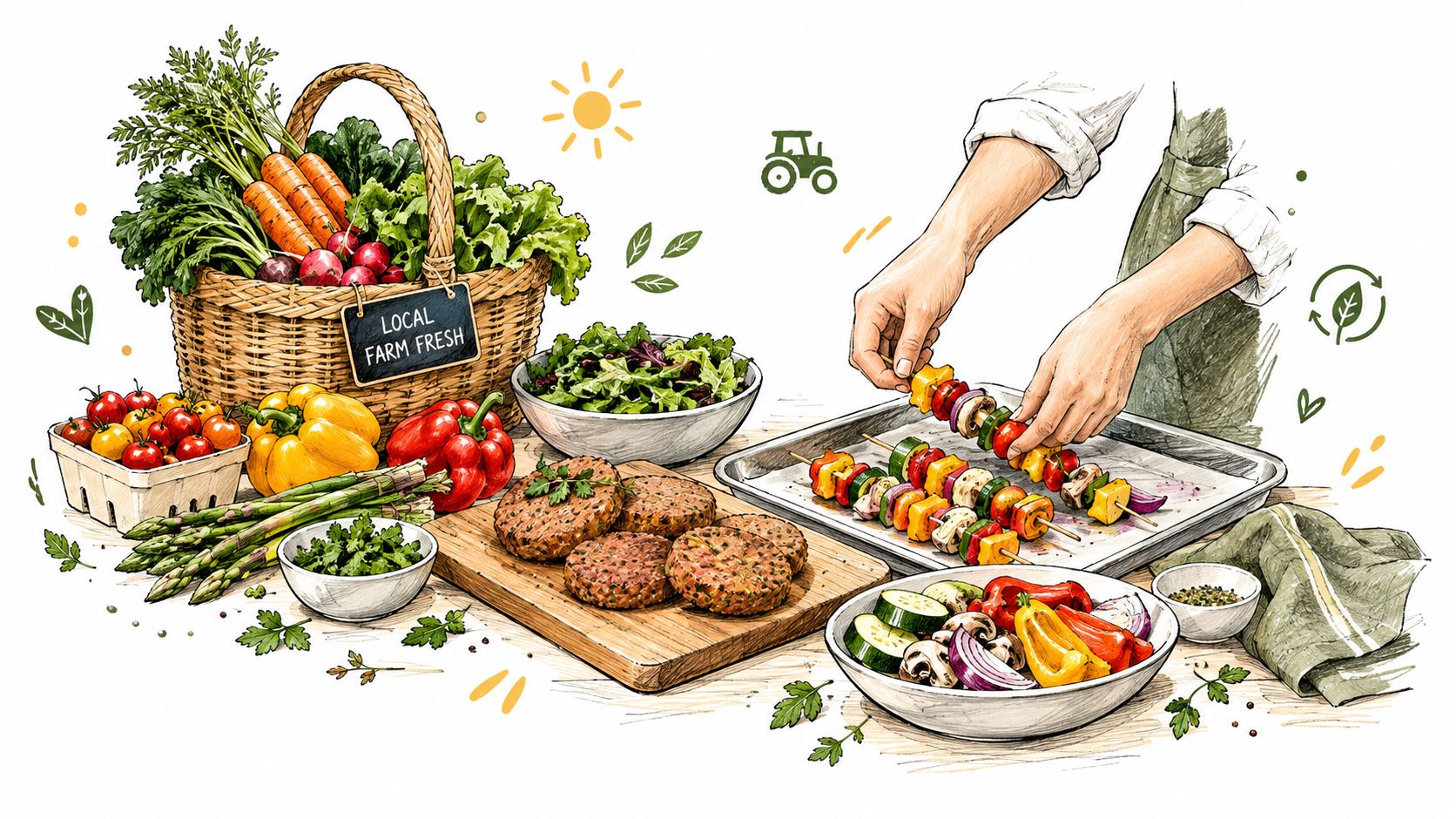 A person preparing healthy plant-based skewers and burgers with fresh farm produce for an eco-friendly meal.