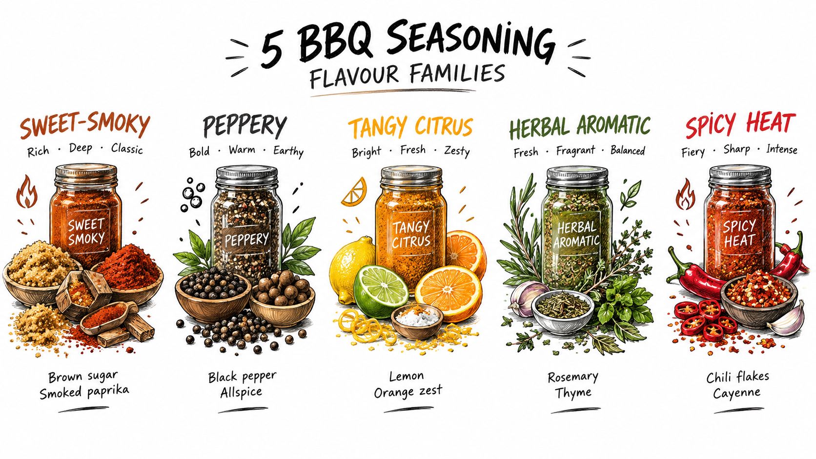 An illustration showcasing five distinct BBQ seasoning flavour families with labelled spice jars and fresh ingredients.