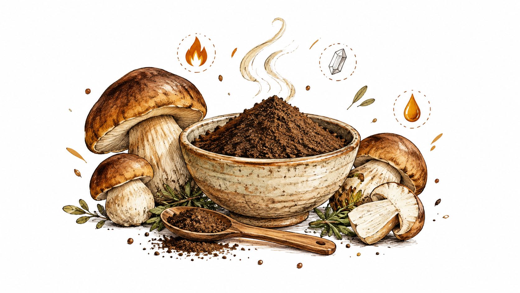 A rustic bowl of dark mushroom seasoning powder surrounded by fresh porcini mushrooms and a wooden spoon.