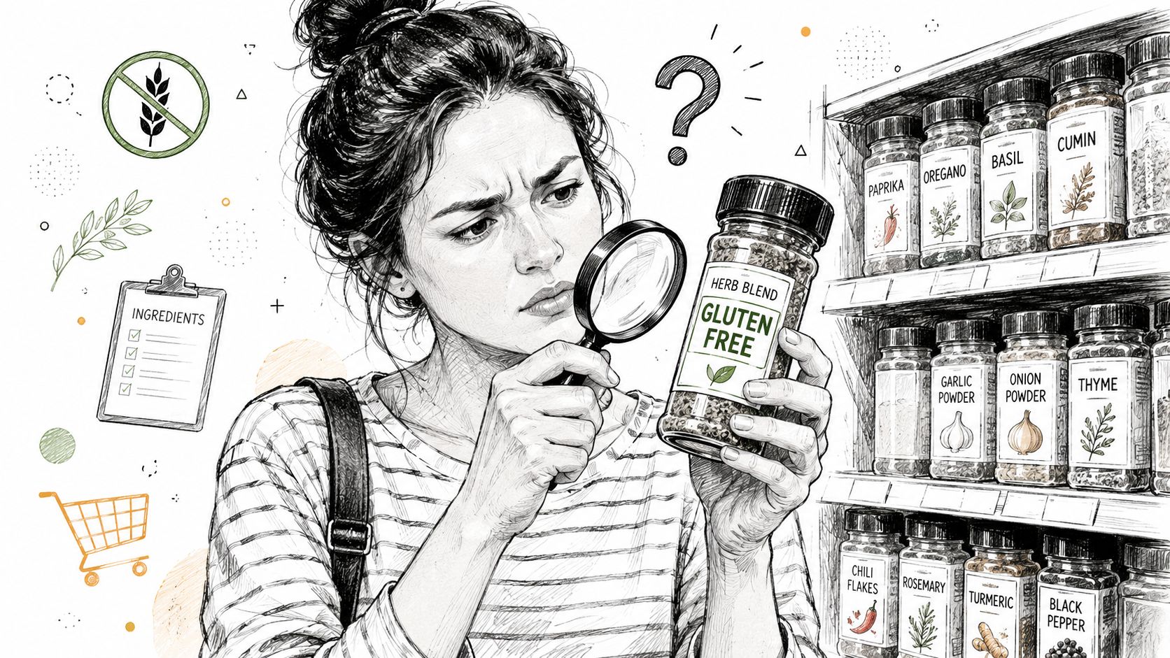 A woman examines a bottle of gluten-free herb seasoning with a magnifying glass in a store.