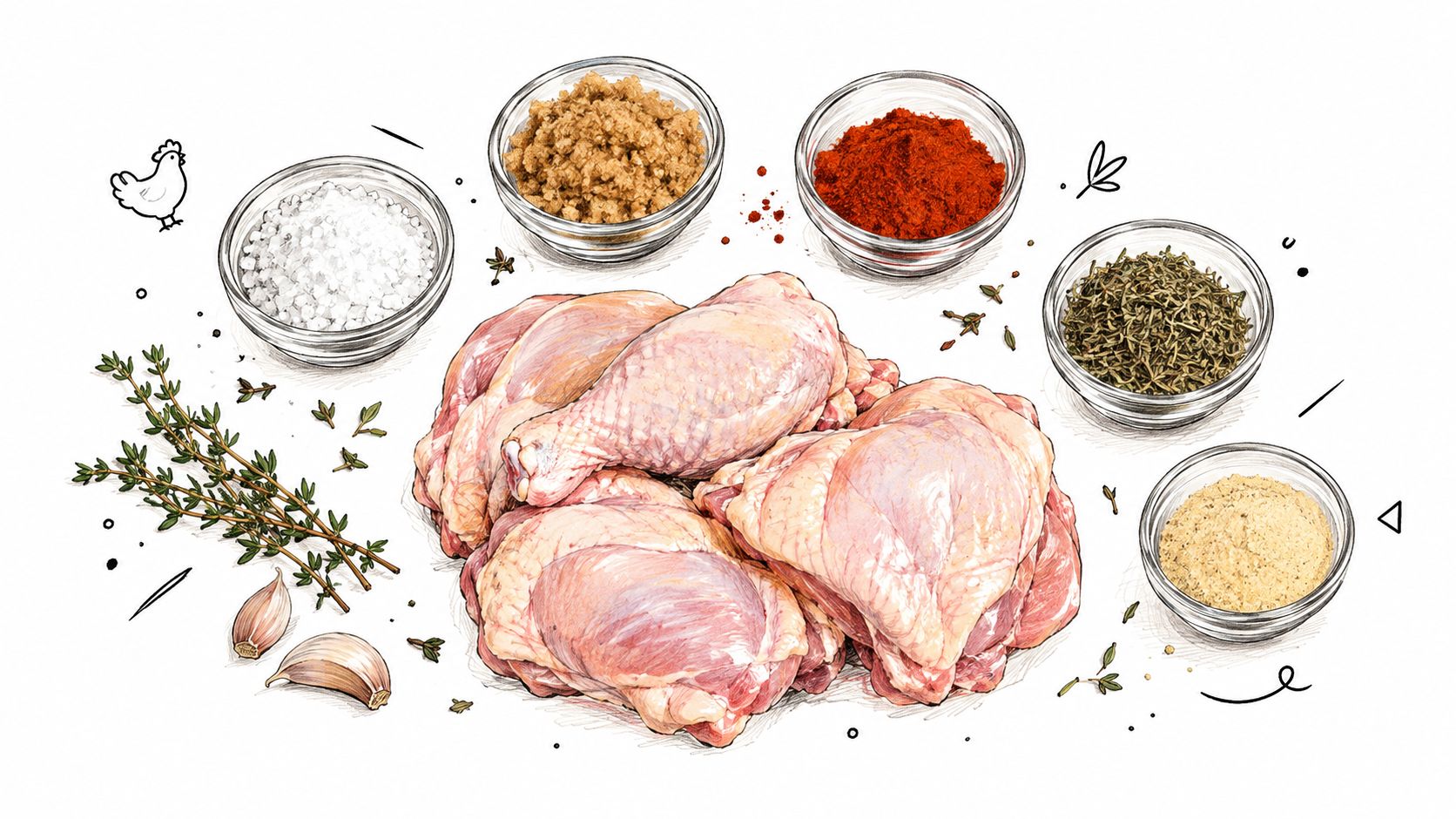 Raw chicken pieces surrounded by various spices in glass bowls and fresh herbs on a white background.
