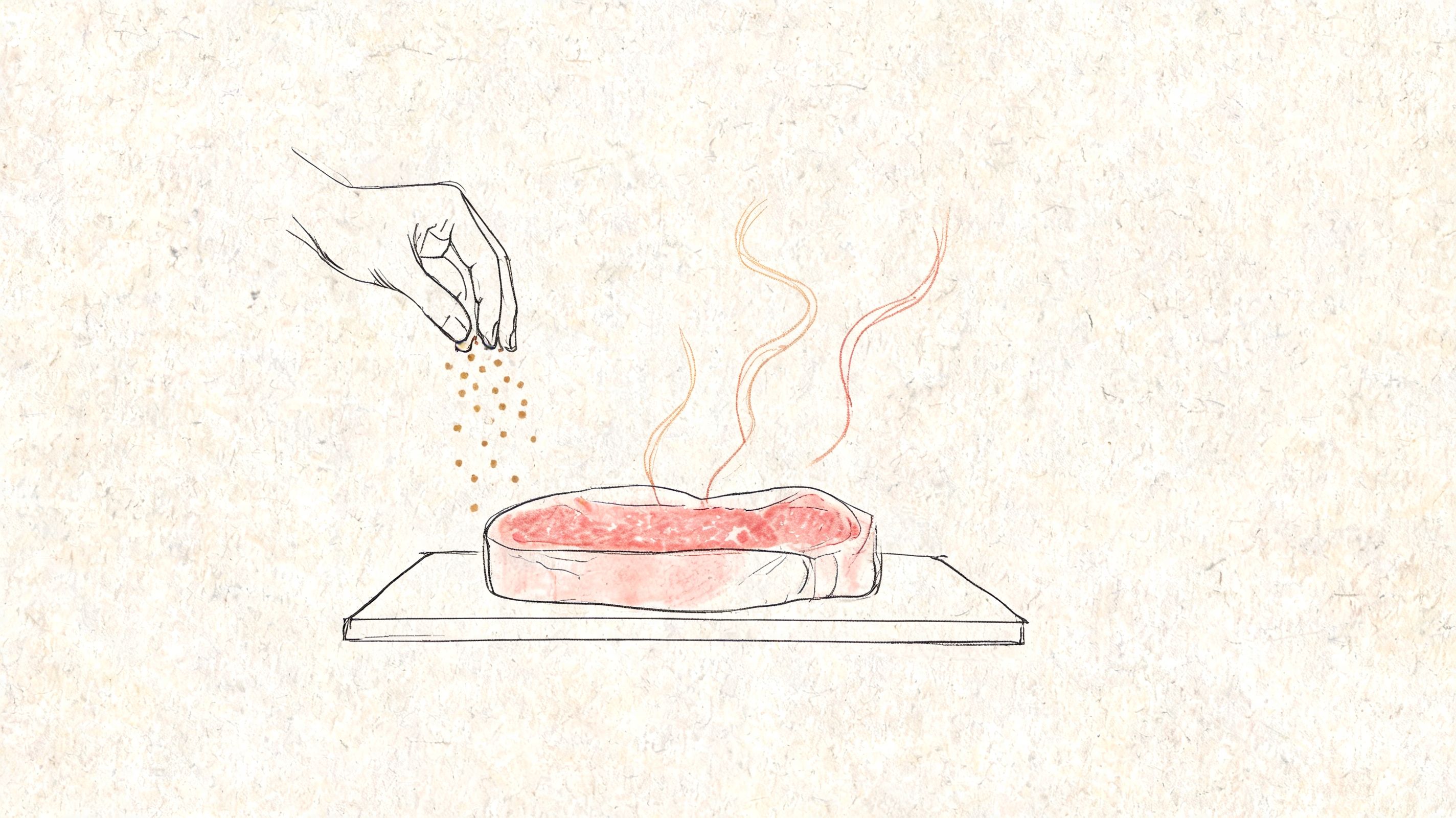 A hand seasoning a raw steak placed on a cutting board, illustrated in a clean sketch style.