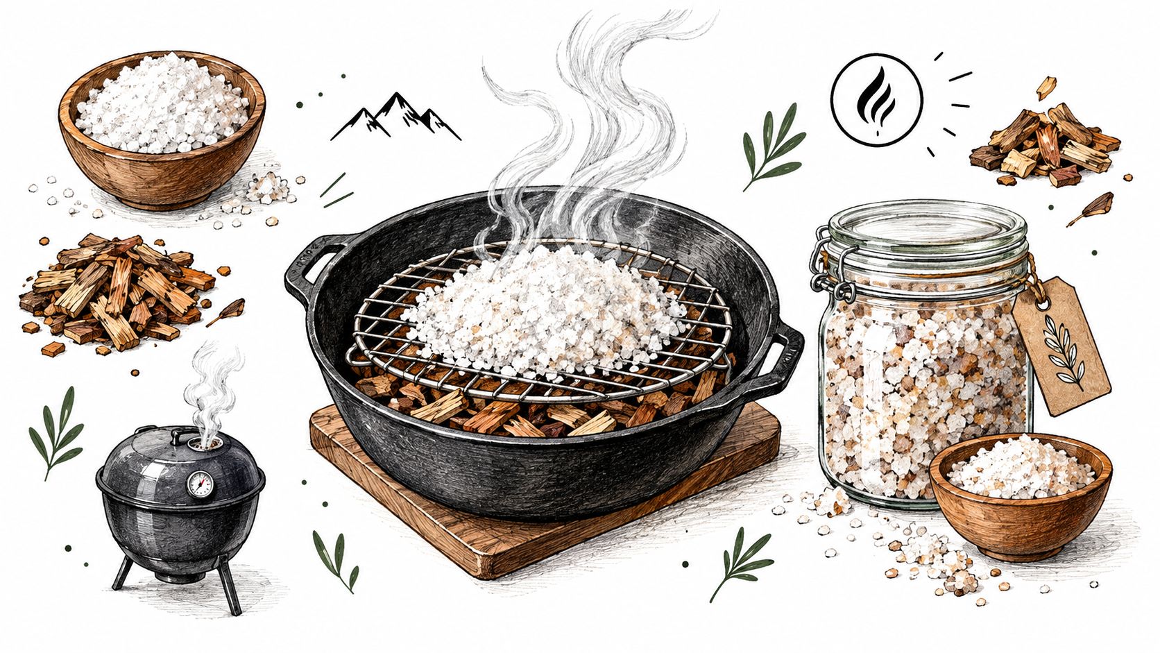 A hand-drawn illustration showing the process of making smoked sea salts with wood chips and equipment.