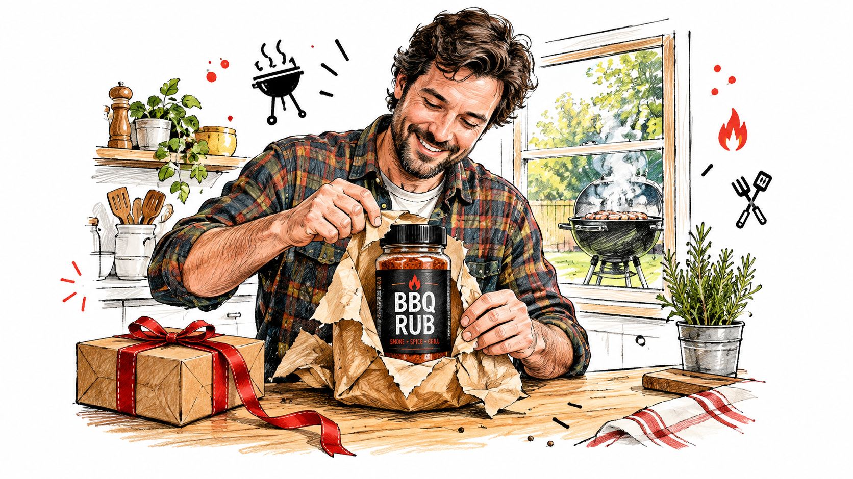 A happy man unwrapping a jar of BBQ rub at a kitchen table with a grill visible outside.