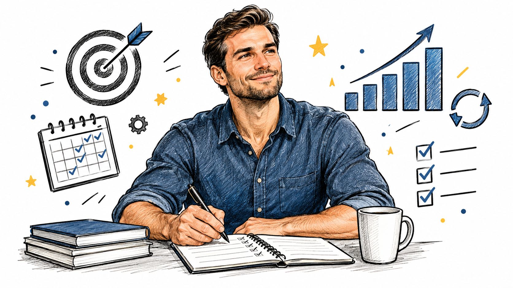 A focused man writing in a notebook surrounded by business icons like a target, calendar, and graphs.