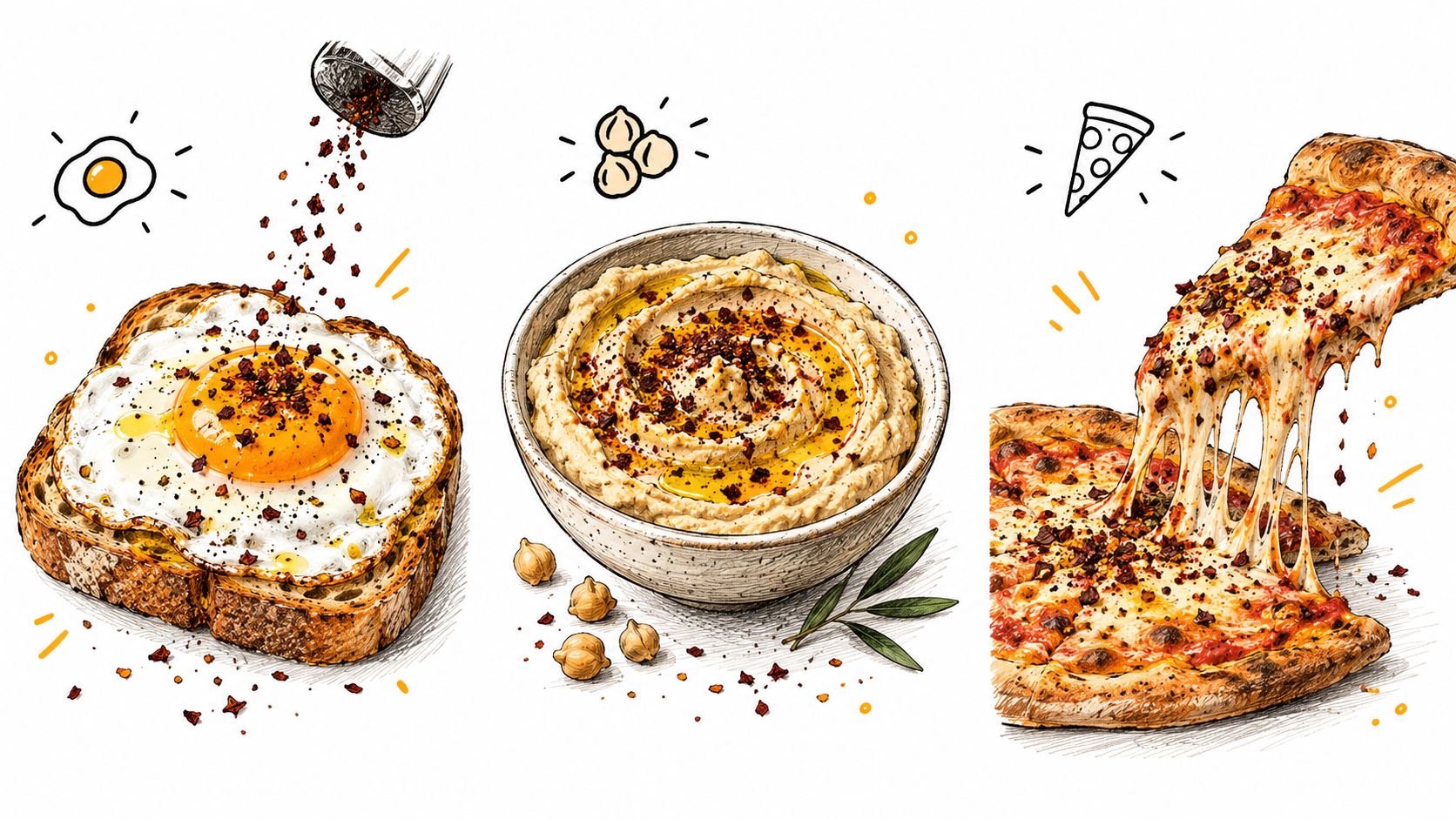 A detailed illustration featuring fried egg toast, hummus, and pizza topped with vibrant red urfa chilli flakes.