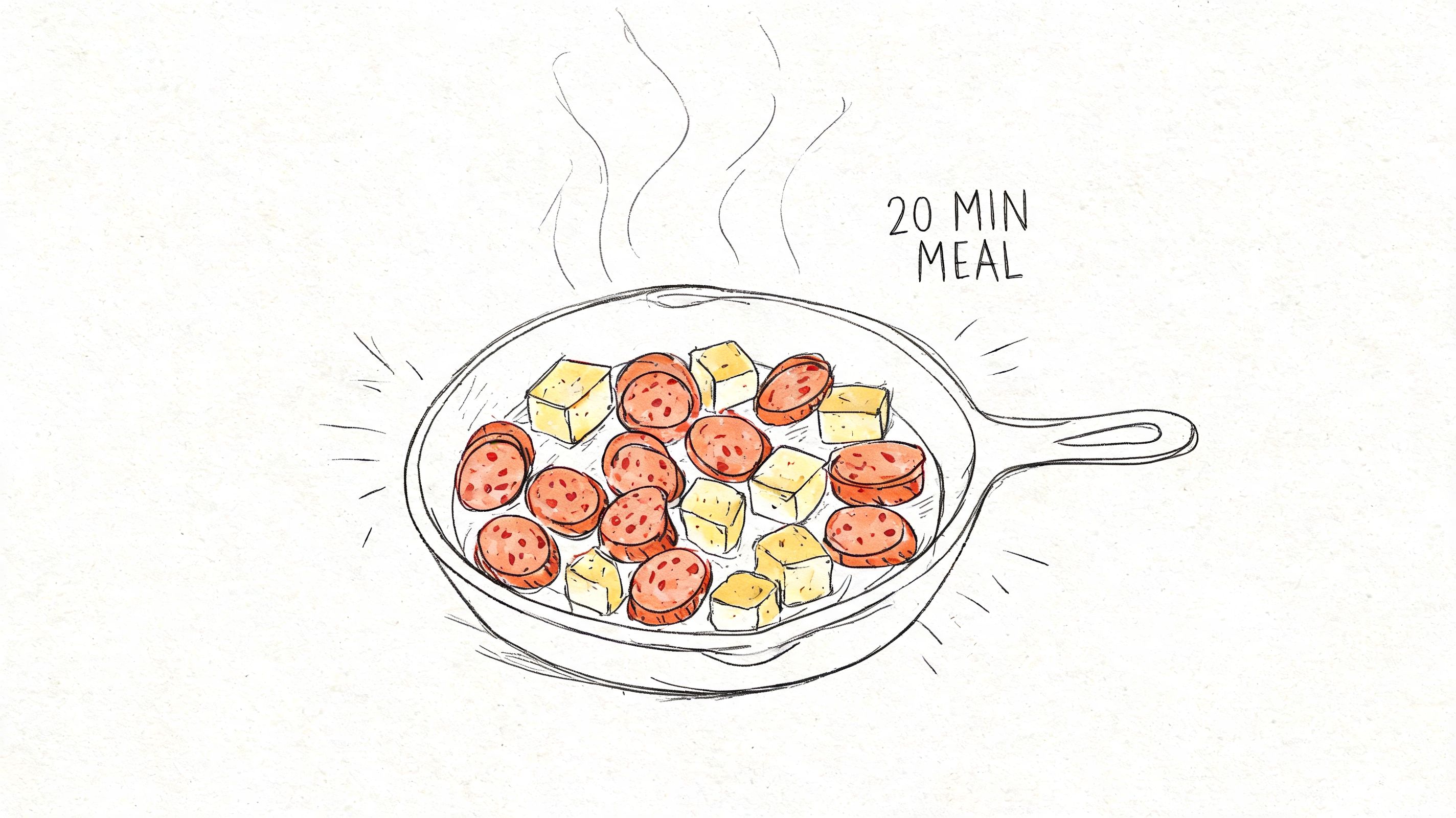 A hand-drawn illustration of a skillet filled with sliced chorizo and halloumi, labelled 20 minute meal.