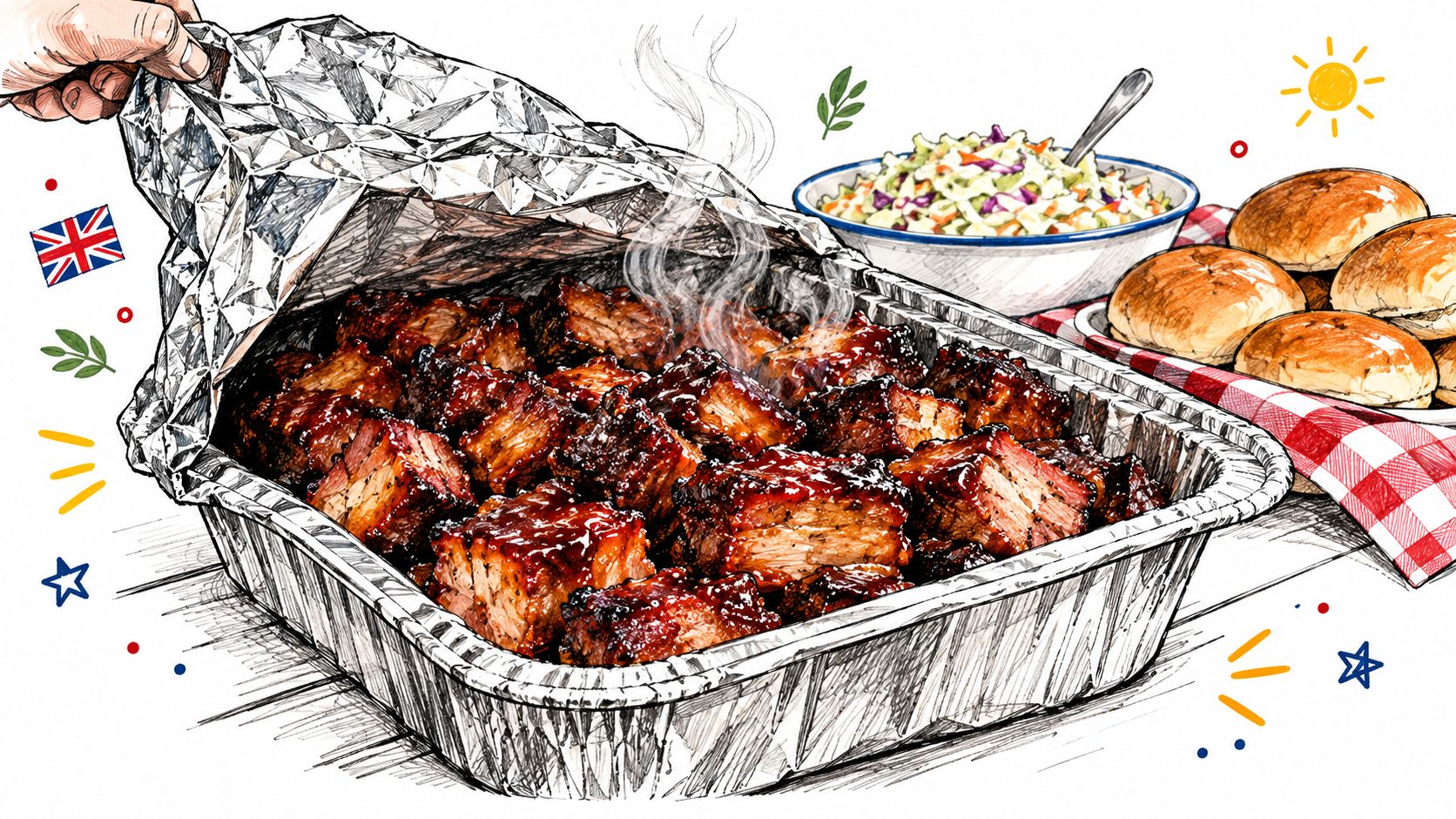 A hand pulling back foil from a tray of glistening BBQ burnt ends with coleslaw and bread rolls.