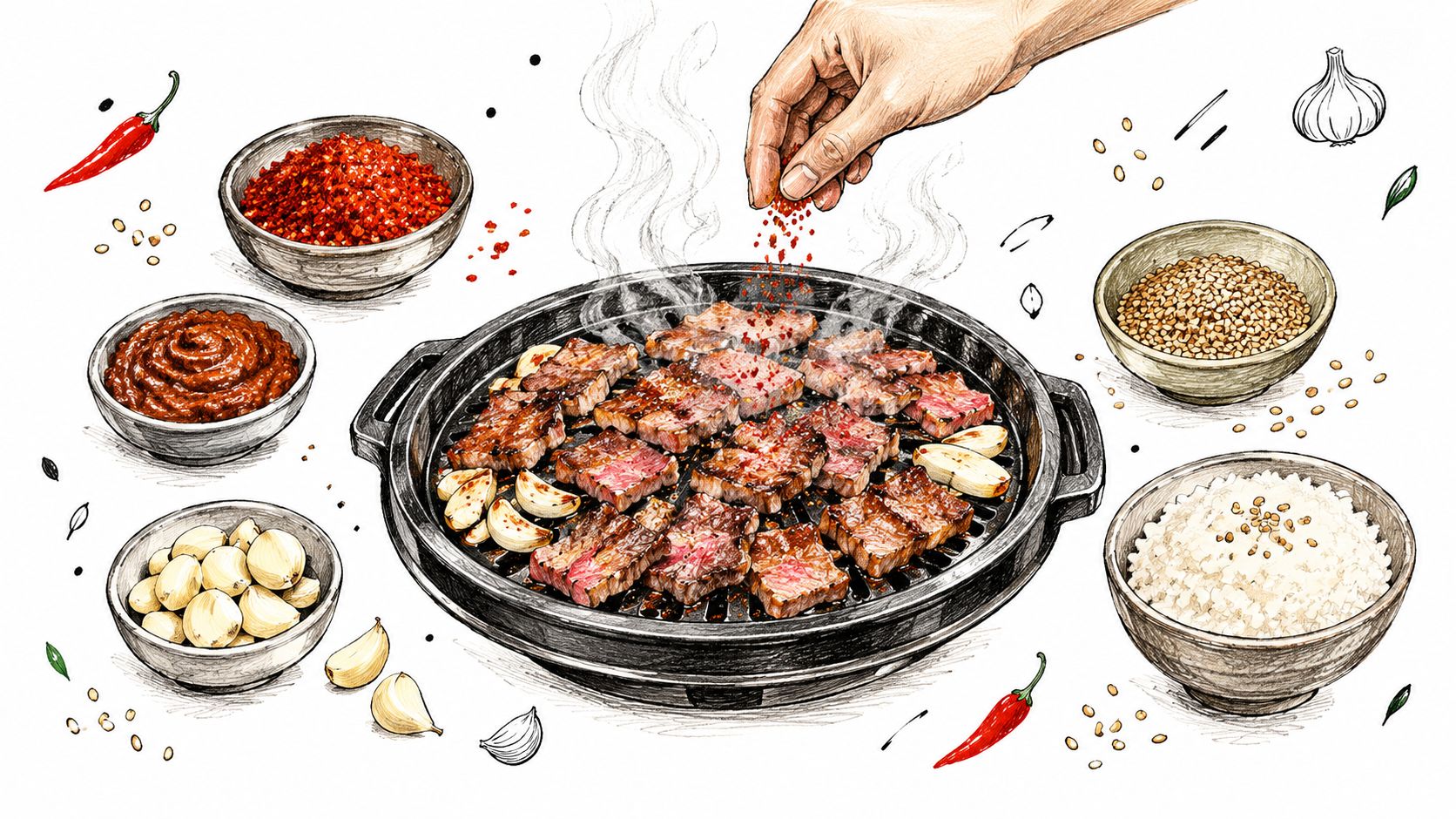 A detailed illustration of a person seasoning pieces of beef cooking on a Korean barbecue grill.