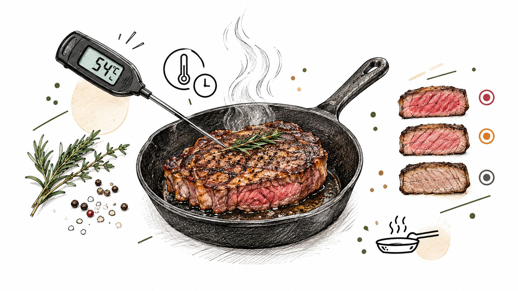 A digital illustration showing a steak cooking in a cast iron skillet with a digital thermometer inserted.