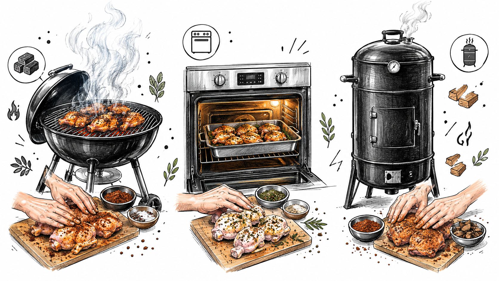 A hand-drawn illustration showing three different methods for preparing and cooking chicken with flavorful seasonings.