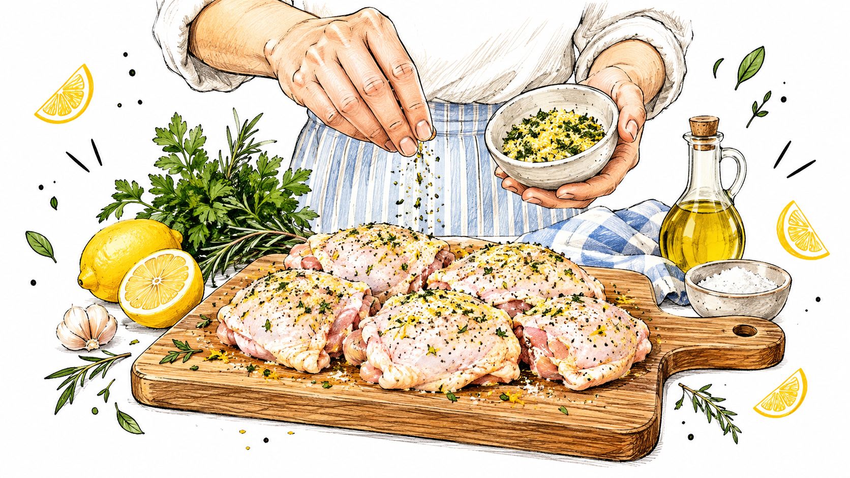 A chef's hands seasoning raw chicken thighs on a wooden cutting board with fresh lemon and herbs.
