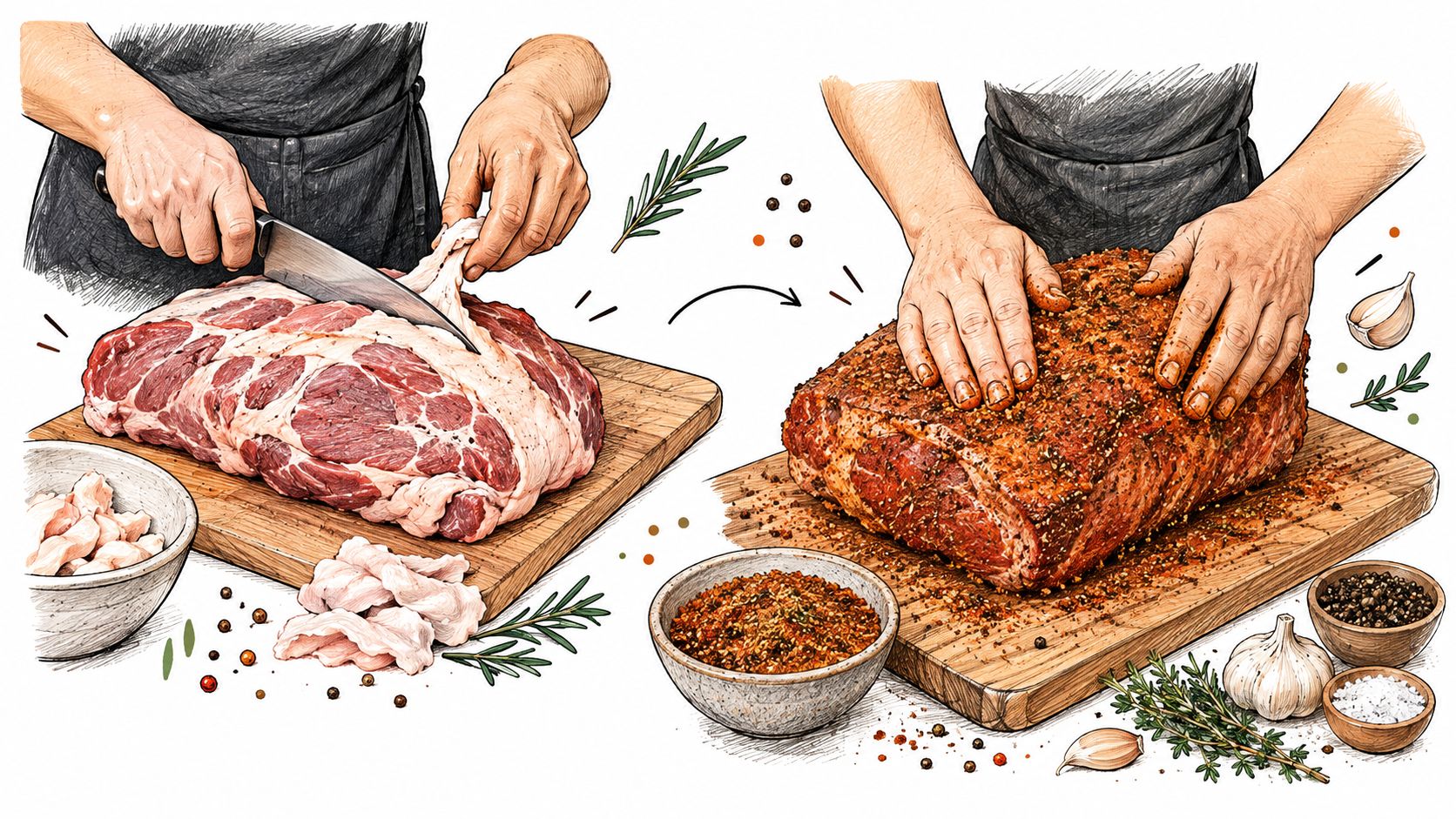 A professional chef trimming fat from a raw pork roast and seasoning a seasoned meat cut.