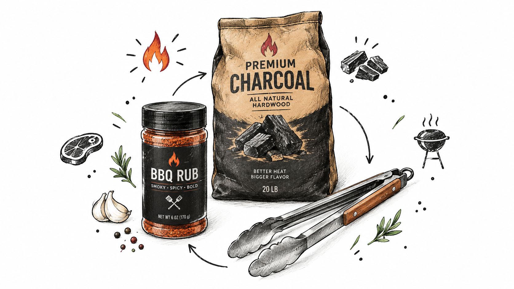 A hand-drawn illustration featuring a bag of premium charcoal, a jar of BBQ rub, and grilling tongs.