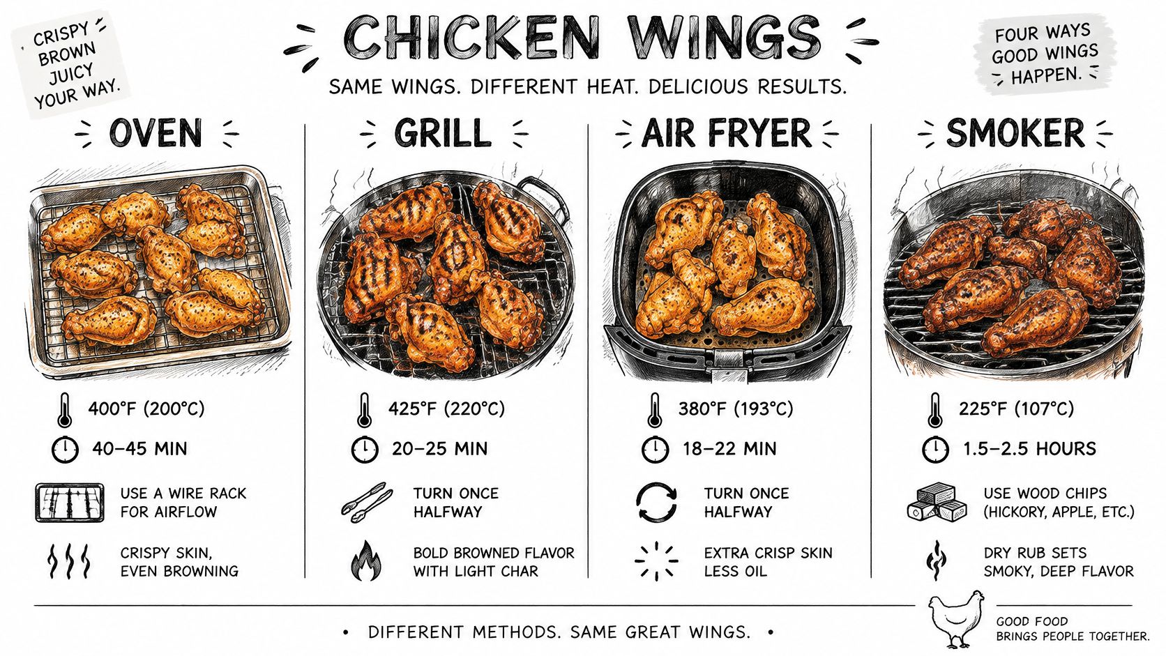 An instructional infographic showing four different methods for cooking chicken wings: oven, grill, air fryer, and smoker.