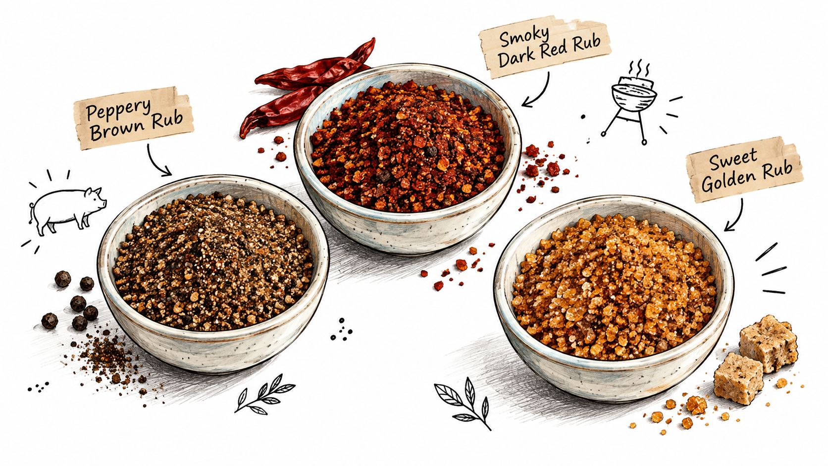 Three bowls filled with different varieties of BBQ spice rubs featuring peppery, smoky, and sweet golden seasoning blends.